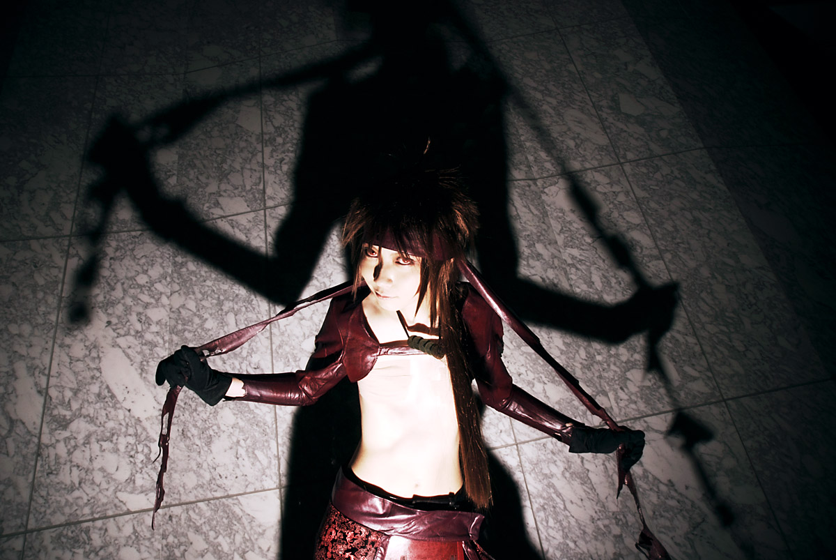 houtou singi (model), yukimura sanada, sengoku basara, photo (medium), 1girl, boob tape, cosplay, polearm, spear, torn clothes, weapon