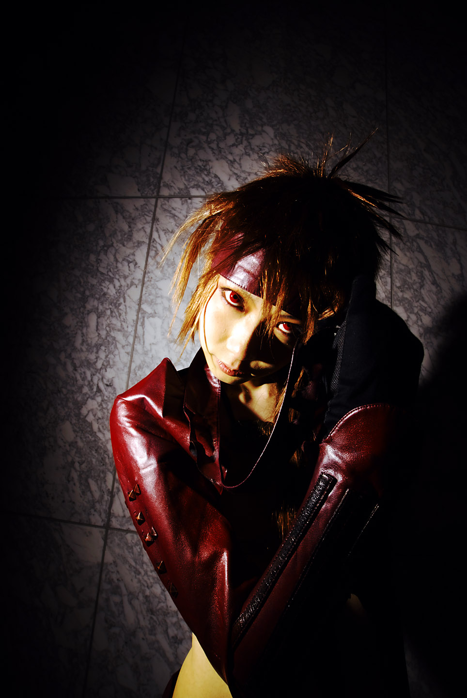 houtou singi (model), yukimura sanada, sengoku basara, highres, photo (medium), 1girl, cosplay, female focus, solo, torn clothes, upper body