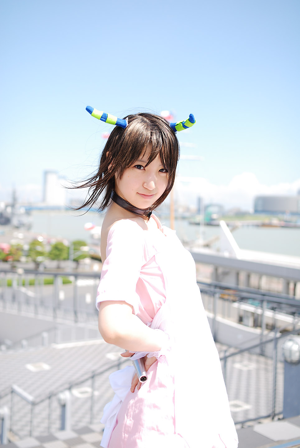 richi, linda (boku to maou), boku to maou, highres, photo (medium), apron, cosplay, dress, horns, microphone