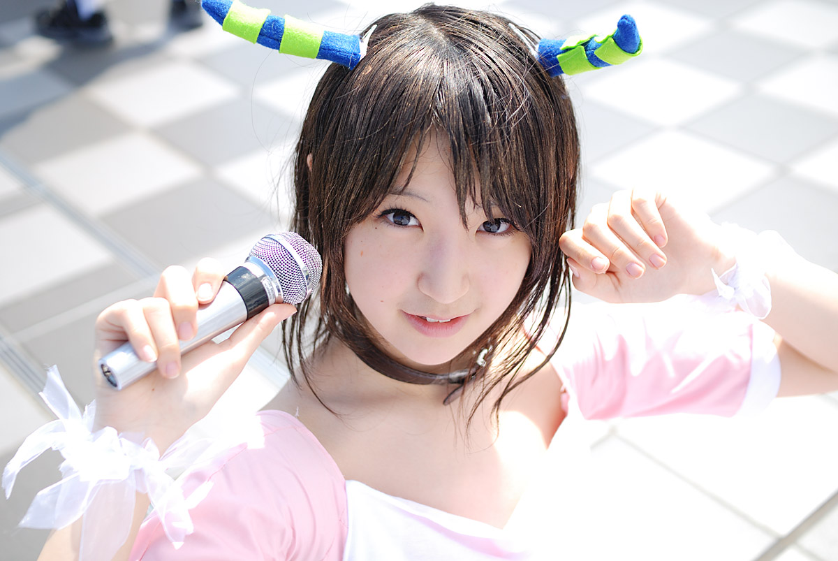 richi, linda (boku to maou), boku to maou, photo (medium), apron, cosplay, dress, horns, microphone