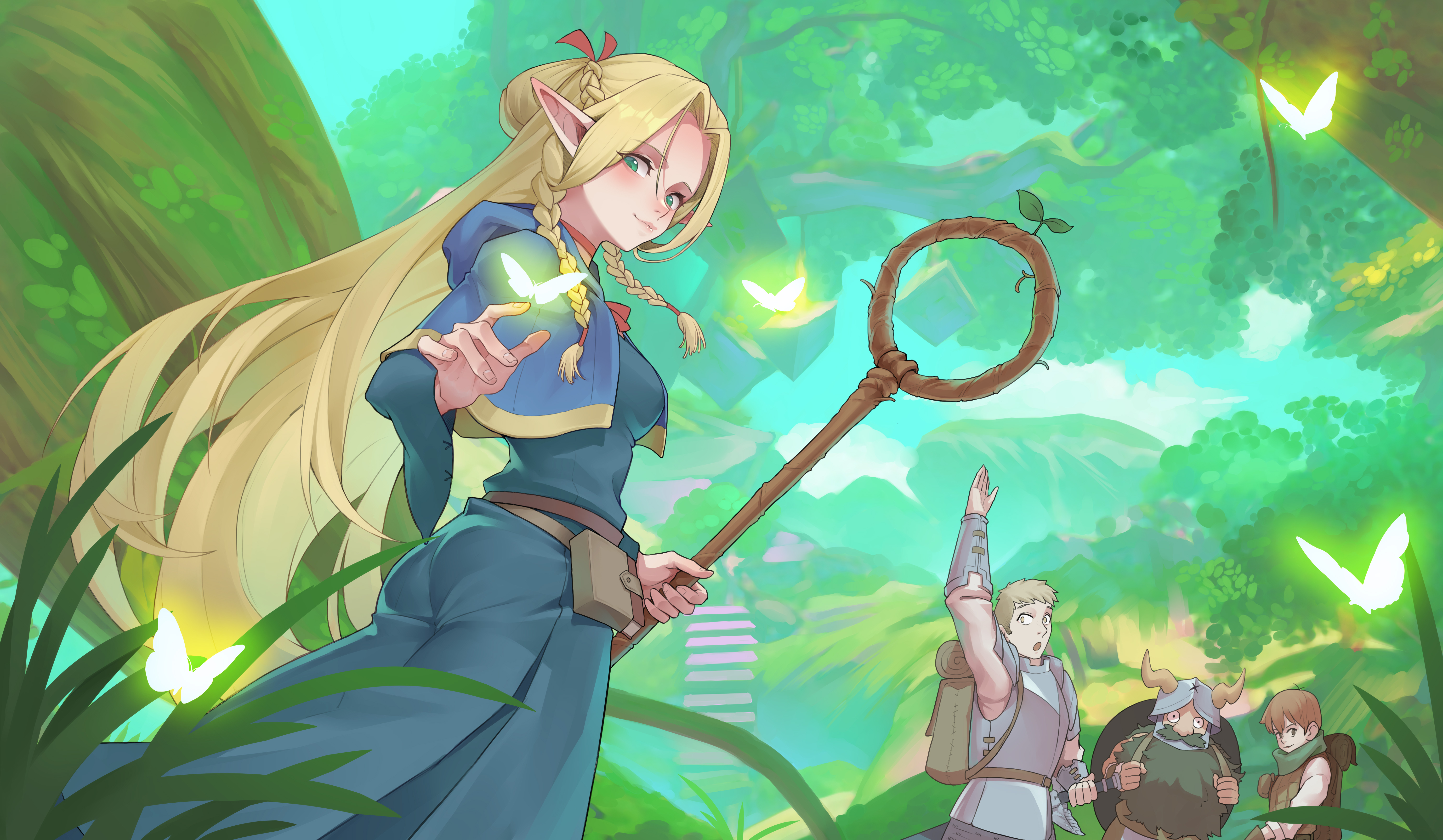 aluo 7762, chilchuck tims, laios touden, marcille donato, senshi (dungeon meshi), dungeon meshi, absurdres, highres, 1girl, 3boys, ambrosia (dungeon meshi), armor, backpack, bag, beard, belt pouch, blonde hair, blue capelet, blue robe, blurry, braid, bug, butterfly, capelet, choker, depth of field, detached hood, dwarf, elf, facial hair, fake horns, forest, grass, green eyes, hair around ear, halfling, helmet, holding, holding staff, hood, hooded capelet, horned helmet, horns, insect, long beard, long hair, looking at viewer, multiple boys, multiple braids, nature, outdoors, plate armor, pointy ears, pouch, red choker, red ribbon, ribbon, robe, sprout, staff, tree