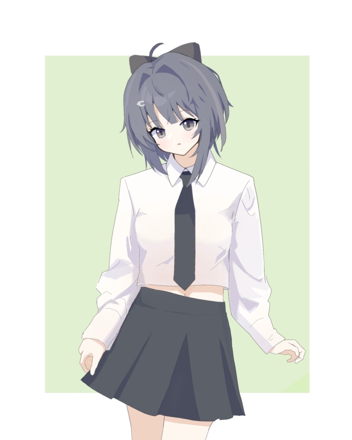 la pluma (arknights), arknights, commentary, highres, 1girl, ahoge, black bow, black necktie, black skirt, border, bow, collared shirt, cowboy shot, green background, grey eyes, grey hair, hair bow, hair ornament, hairclip, long sleeves, looking at viewer, midriff peek, miniskirt, navel, necktie, nonomori (user vvae8753), outside border, parted lips, school uniform, shirt, short hair, skirt, skirt hold, solo, standing, white border, white shirt