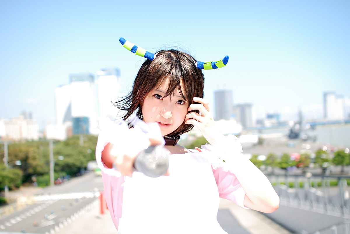richi, linda (boku to maou), boku to maou, photo (medium), apron, cosplay, dress, horns, microphone