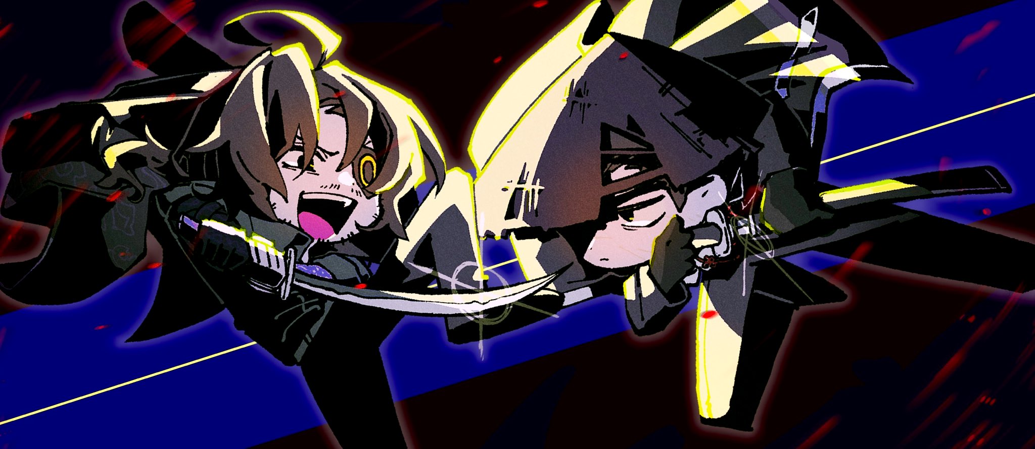nantekottawo!!, gregor (project moon), meursault (project moon), kurokumo clan (identity) (project moon), limbus company, project moon, highres, 2boys, black eyes, black gloves, black hair, black pants, blade lineage (identity) (project moon), brown hair, chibi, eyepatch, glint, gloves, imminent fight, katana, low ponytail, multiple boys, open mouth, pants, parted bangs, ponytail, sheath, smile, sword, unsheathing, weapon