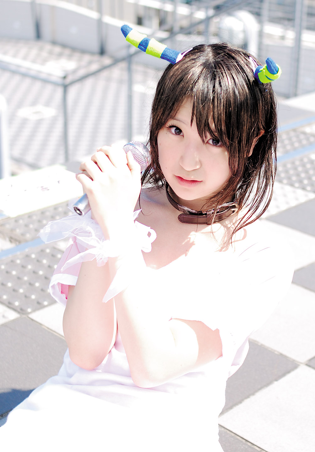 richi, linda (boku to maou), boku to maou, highres, photo (medium), apron, cosplay, dress, horns, microphone