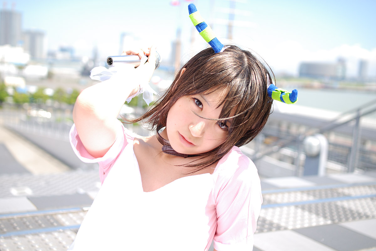 richi, linda (boku to maou), boku to maou, photo (medium), apron, cosplay, dress, horns, microphone