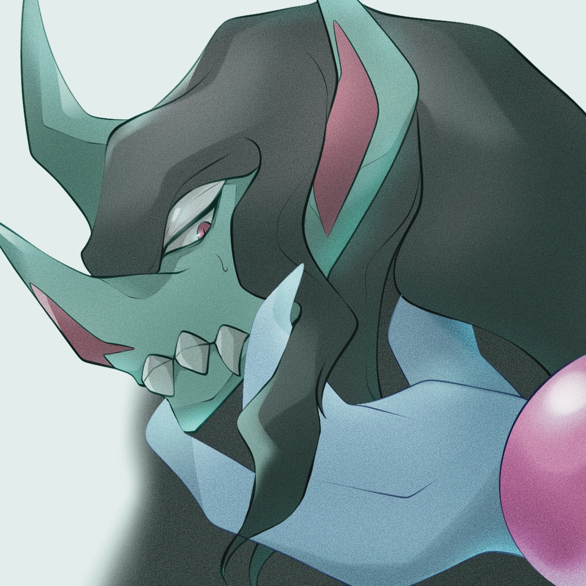 kidzukiray, grimmsnarl, nintendo, pokemon, 1other, black hair, close-up, facing to the side, from side, gen 8 pokemon, hand on another's cheek, hand on another's chin, hand on another's face, looking to the side, pointy ears, pointy nose, pokemon (creature), pokemon focus, red eyes, sharp teeth, sweatdrop, teeth, upper body, white background