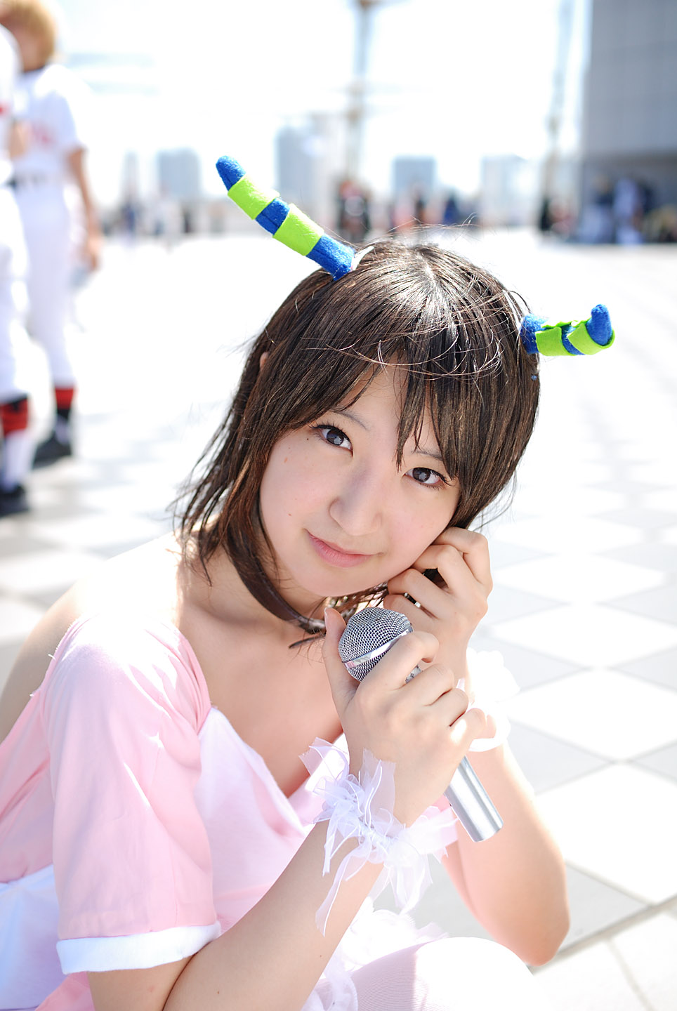 richi, linda (boku to maou), boku to maou, highres, photo (medium), apron, cosplay, dress, horns, microphone