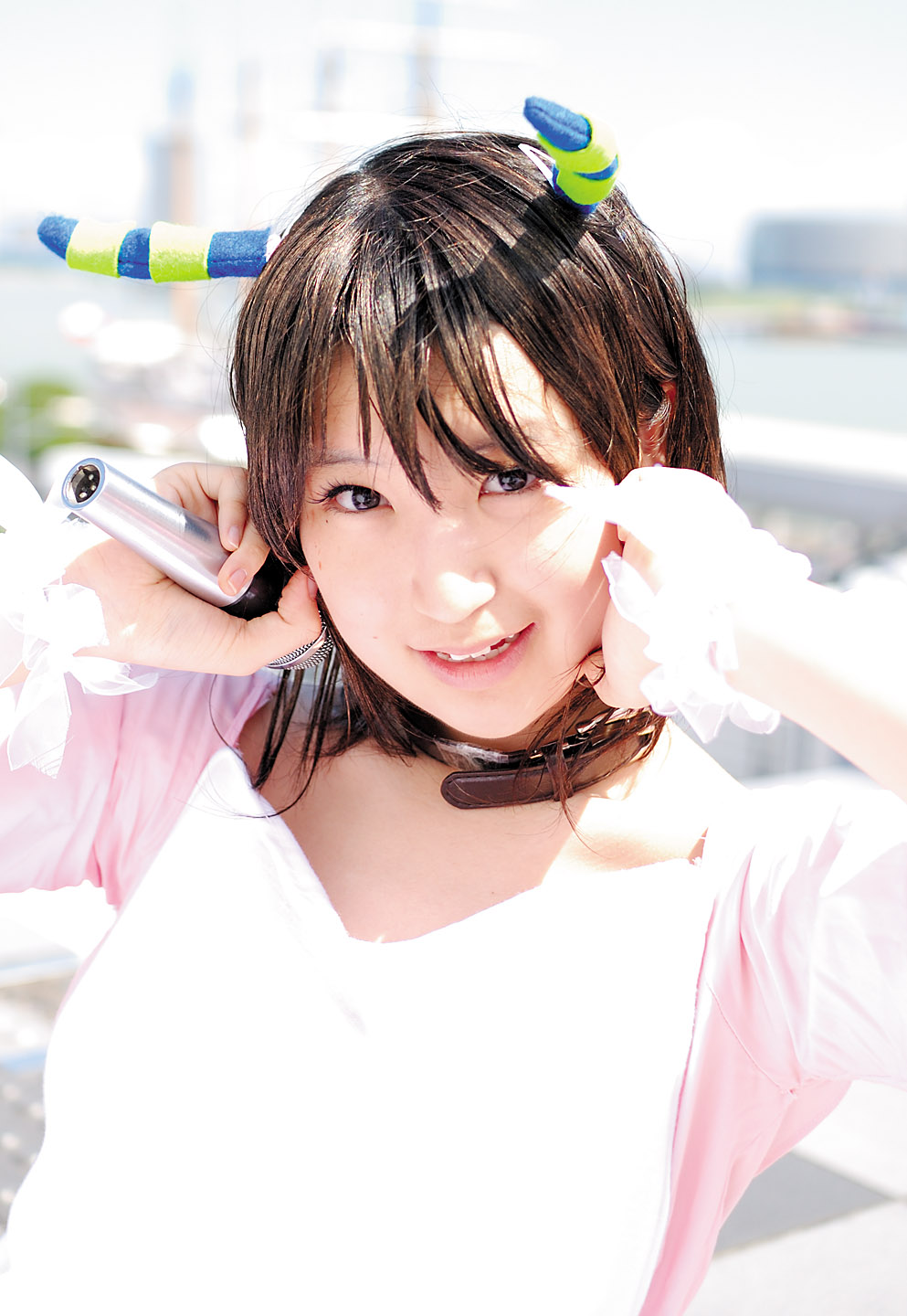 richi, linda (boku to maou), boku to maou, highres, photo (medium), apron, cosplay, dress, horns, microphone