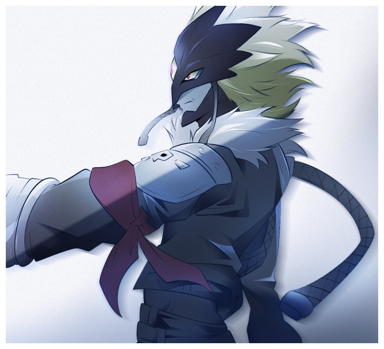 kidzukiray, beelzebumon, digimon, digimon tamers, highres, 1other, arm at side, arm out of frame, armor, bandana, belt, black belt, black helmet, black mask, black pants, blonde hair, border, coat, colored sclera, colored skin, digimon (creature), facing to the side, fur-trimmed coat, fur trim, gradient background, grey armor, grey coat, grey skin, hair slicked back, helmet, looking ahead, male focus, out of frame, outstretched arm, pants, red bandana, red eyes, red scarf, scarf, shoulder armor, shoulder pads, smirk, upper body, white background, white border, yellow sclera
