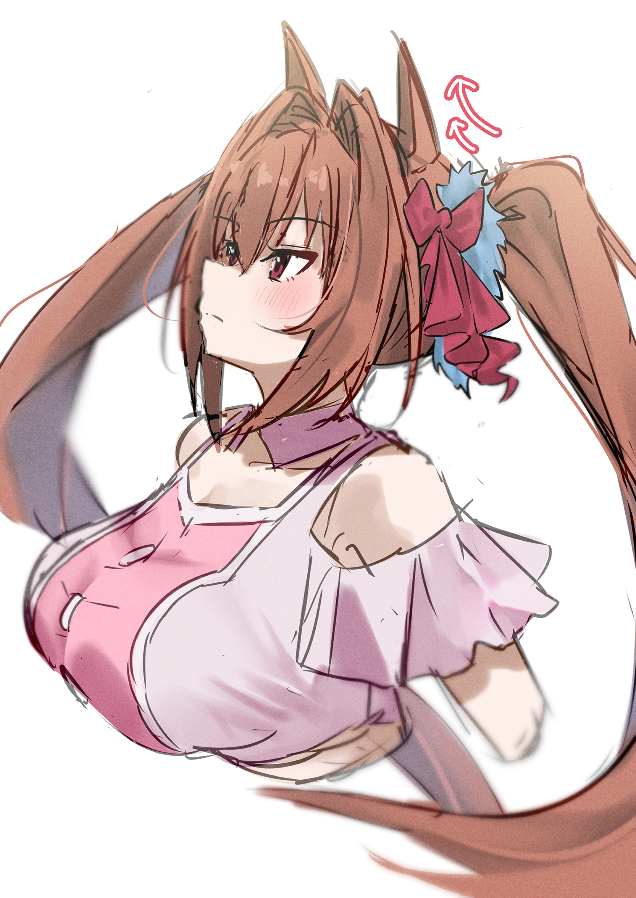 lowlight1010, daiwa scarlet (umamusume), umamusume, absurdres, highres, 1girl, alternate costume, animal ears, bare shoulders, blush, bow, breasts, brown hair, closed mouth, detached collar, from side, hair between eyes, hair intakes, hair ornament, horse ears, horse girl, large breasts, long hair, pink shirt, red bow, red eyes, shirt, simple background, solo, twintails, upper body, very long hair, white background