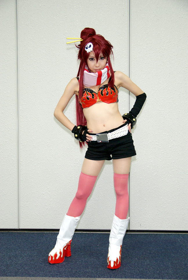 yoko littner, tengen toppa gurren lagann, photo (medium), bikini, bikini top only, chopsticks, cosplay, gloves, mizuno shiro, red hair, shorts, swimsuit, thighhighs