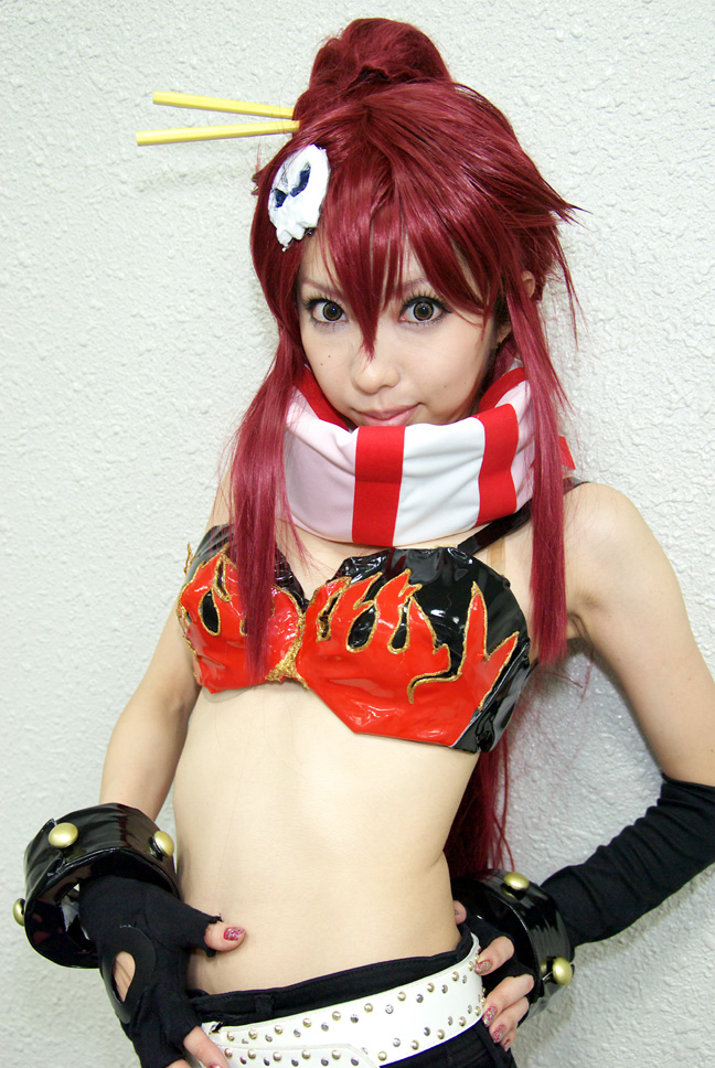 yoko littner, tengen toppa gurren lagann, photo (medium), bikini, bikini top only, chopsticks, cosplay, gloves, mizuno shiro, red hair, shorts, swimsuit