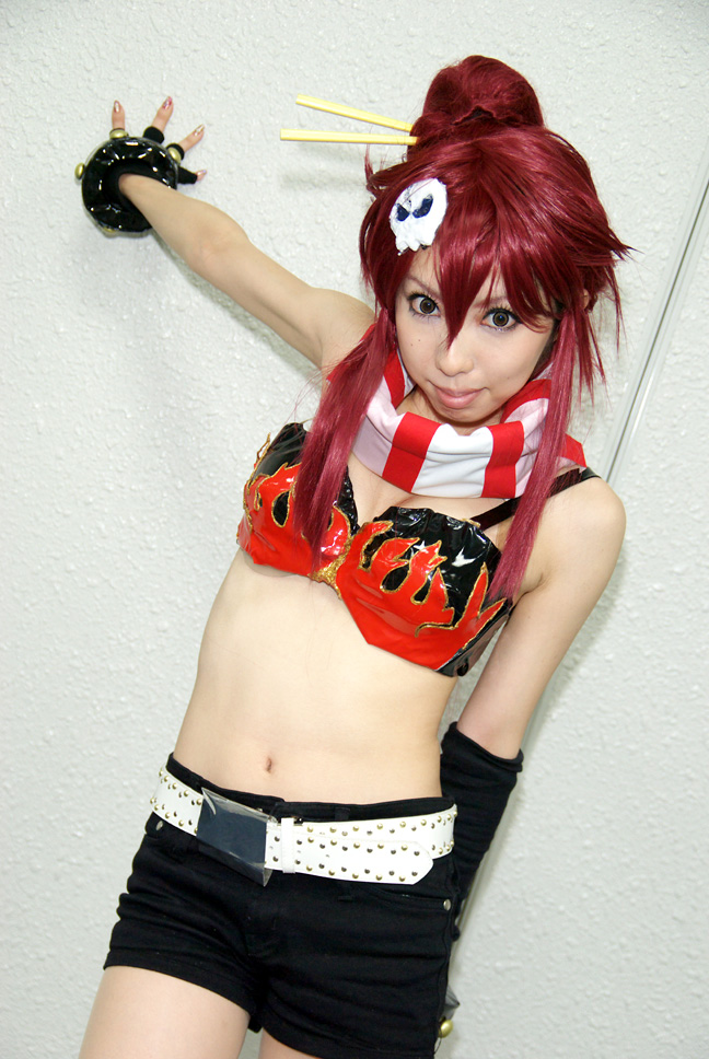 yoko littner, tengen toppa gurren lagann, photo (medium), bikini, bikini top only, chopsticks, cosplay, gloves, mizuno shiro, red hair, shorts, swimsuit