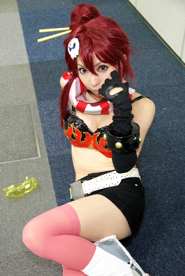 yoko littner, tengen toppa gurren lagann, photo (medium), bikini, bikini top only, chopsticks, cosplay, gloves, mizuno shiro, red hair, shorts, swimsuit, thighhighs