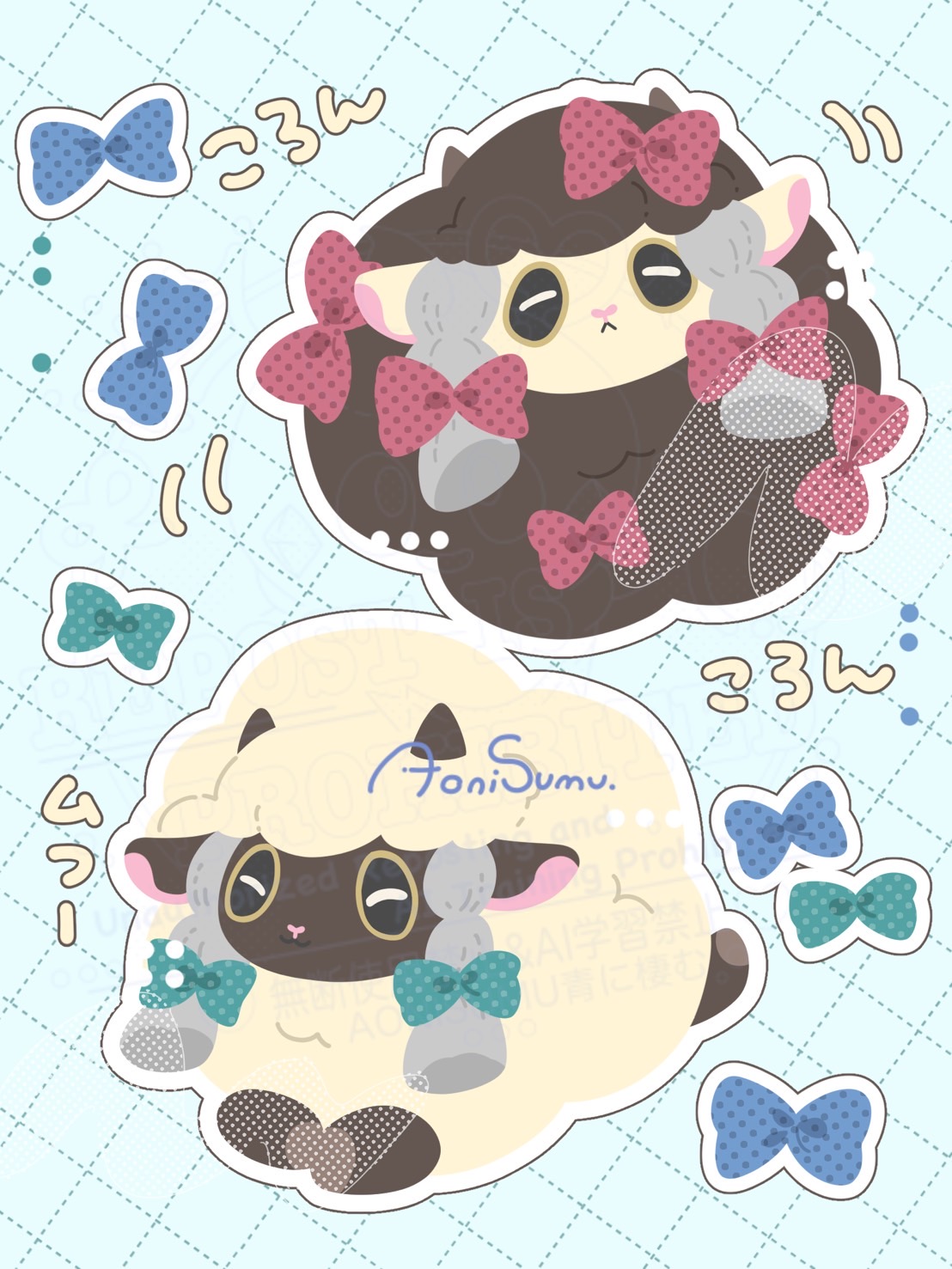 chikawapkmn0487, wooloo, nintendo, pokemon, check commentary, commentary request, highres, alternate color, blue background, bow, closed mouth, frown, full body, gen 8 pokemon, lying, no humans, pokemon (creature), sheep, shiny and normal, shiny pokemon, signature, smile, yellow eyes