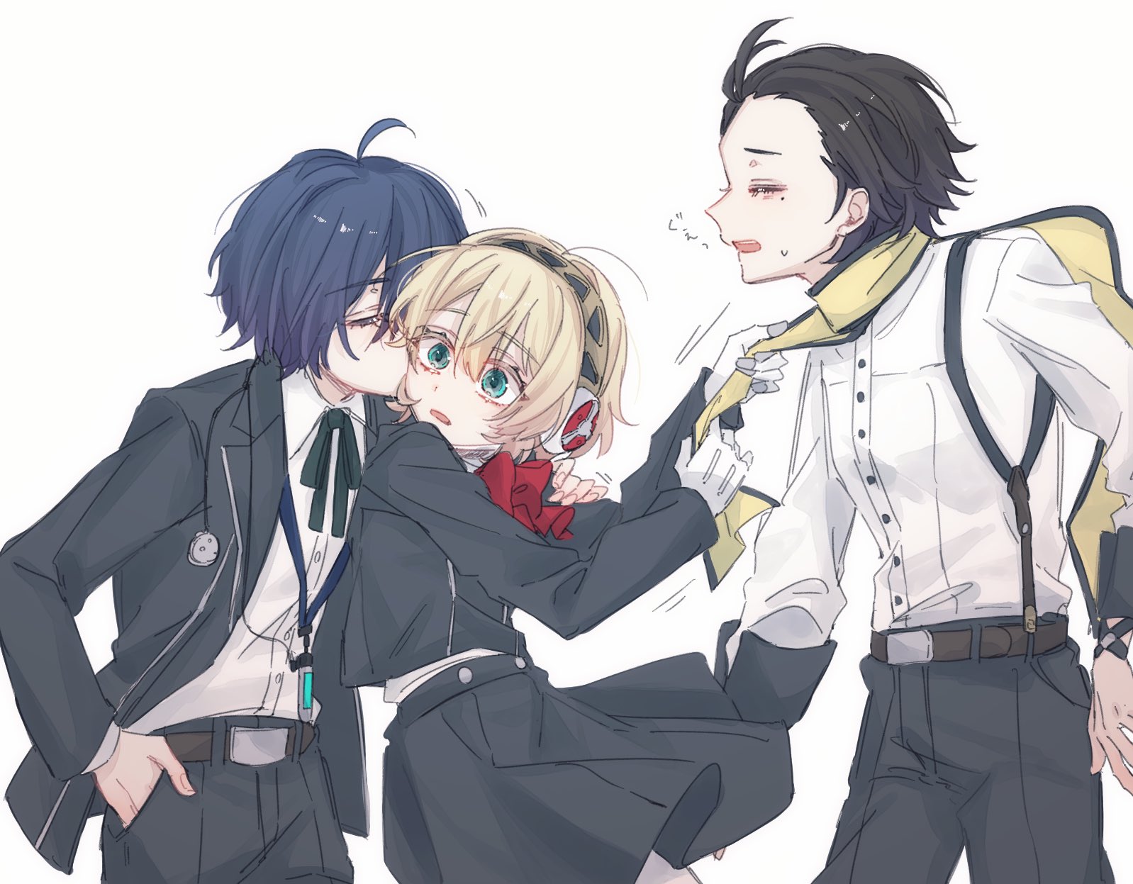 sakizome1001, aigis (persona), mochizuki ryouji, yuuki makoto (persona 3), persona, persona 3, commentary request, highres, 1girl, 2boys, ahoge, antenna hair, aqua eyes, belt, black hair, black jacket, black pants, black ribbon, black skirt, blonde hair, blue hair, bow, closed eyes, cowboy shot, digital media player, double-parted bangs, dress shirt, facing another, gekkoukan high school uniform, hand in pocket, hand on another's shoulder, hetero, jacket, kiss, kissing cheek, leaning forward, looking ahead, mechanical arms, multiple boys, open mouth, pants, pulling another's clothes, red bow, ribbon, robot ears, robot girl, scarf, school uniform, shirt, short hair, simple background, skirt, sweat, white background, white shirt, yellow scarf