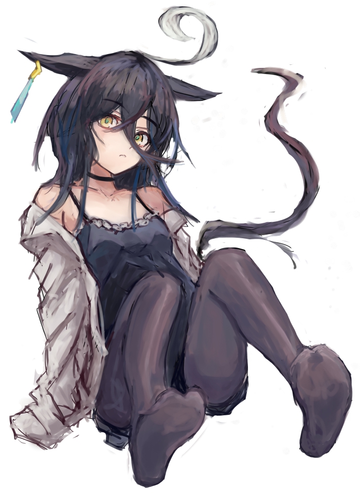 yanagi wakana, manhattan cafe (umamusume), umamusume, 1girl, ahoge, animal ears, bare shoulders, black choker, black hair, black pantyhose, black tank top, breasts, choker, collarbone, ear tag, earrings, hair between eyes, horse ears, horse girl, horse tail, jewelry, long bangs, long hair, long hair between eyes, looking at viewer, multicolored hair, open clothes, open shirt, pantyhose, shirt, simple background, single earring, solo, tail, tank top, white background, white hair, white shirt, yellow eyes