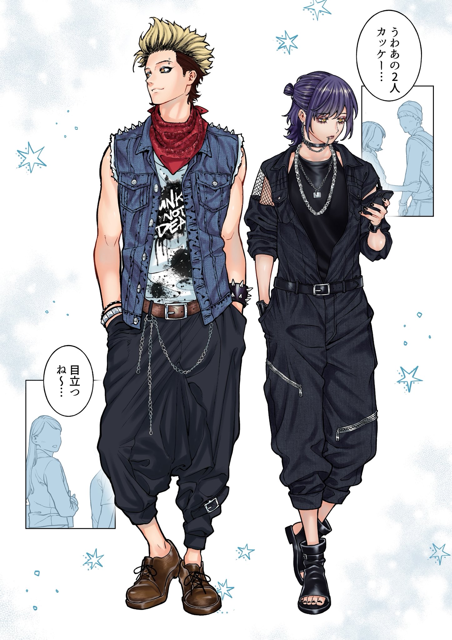 kanazawa shinnosuke, character request, highres, translation request, 1boy, 1girl, arm cutout, baggy pants, bandana, bandana around neck, belt, black belt, black choker, black hair, black jumpsuit, black lips, black nails, black pants, black shirt, black shoes, blonde hair, blue vest, bracelet, brown belt, brown hair, brown shoes, chain, chain necklace, choker, closed mouth, clothing cutout, denim vest, earrings, eyebrow piercing, eyeshadow, face piercing, full body, hand in pocket, hands in pocket, hanku (kanazawa shinnosuke), holding, holding phone, jewelry, jumpsuit, kaisha to shiseikatsu, lipstick, lock necklace, long sleeves, looking at phone, looking to the side, makeup, multicolored hair, necklace, orange eyes, oxfords, pants, phone, piercing, ponytail, print shirt, punk, red bandana, reverse trap, sandals, shirt, shoes, short ponytail, shoulder spikes, sleeves rolled up, spiked bracelet, spiked hair, spikes, star (symbol), studded bracelet, two-tone hair, two-tone shirt, vest, white shirt, zipper