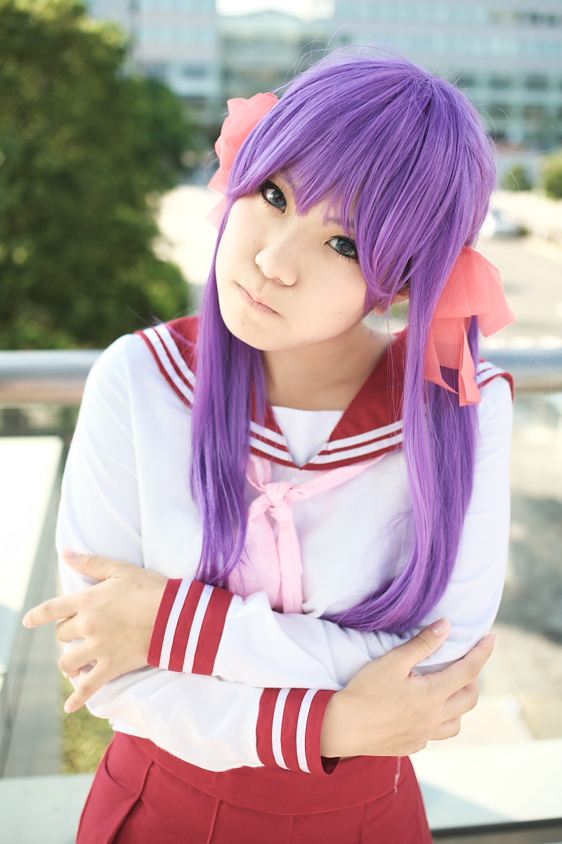 hiiragi kagami, lucky star, highres, photo (medium), cosplay, kanozaki shino, purple hair, sailor, school uniform, serafuku, twintails