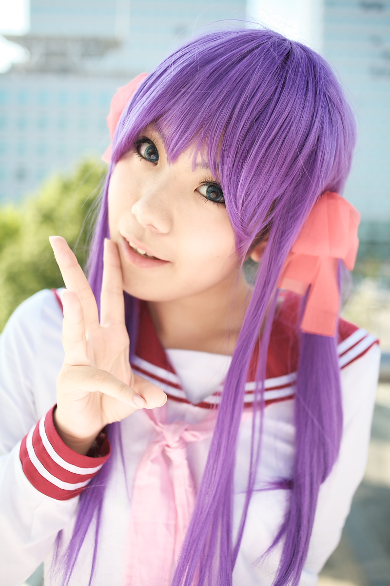 hiiragi kagami, lucky star, highres, photo (medium), cosplay, kanozaki shino, purple hair, sailor, school uniform, serafuku, twintails