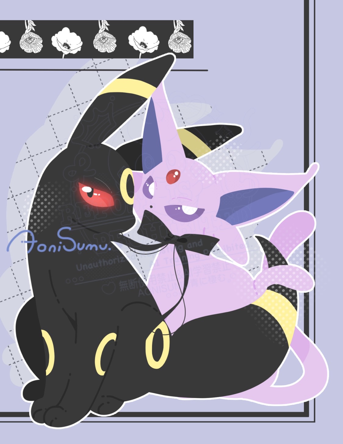 chikawapkmn0487, espeon, umbreon, nintendo, pokemon, commentary request, highres, black eyes, black ribbon, colored sclera, gen 2 pokemon, glowing, glowing eyes, no humans, pokemon (creature), pokemon focus, purple background, purple eyes, red sclera, ribbon, signature, sitting
