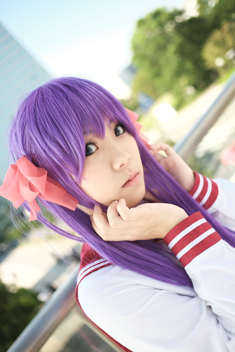 hiiragi kagami, lucky star, highres, photo (medium), cosplay, kanozaki shino, purple hair, sailor, school uniform, serafuku, twintails