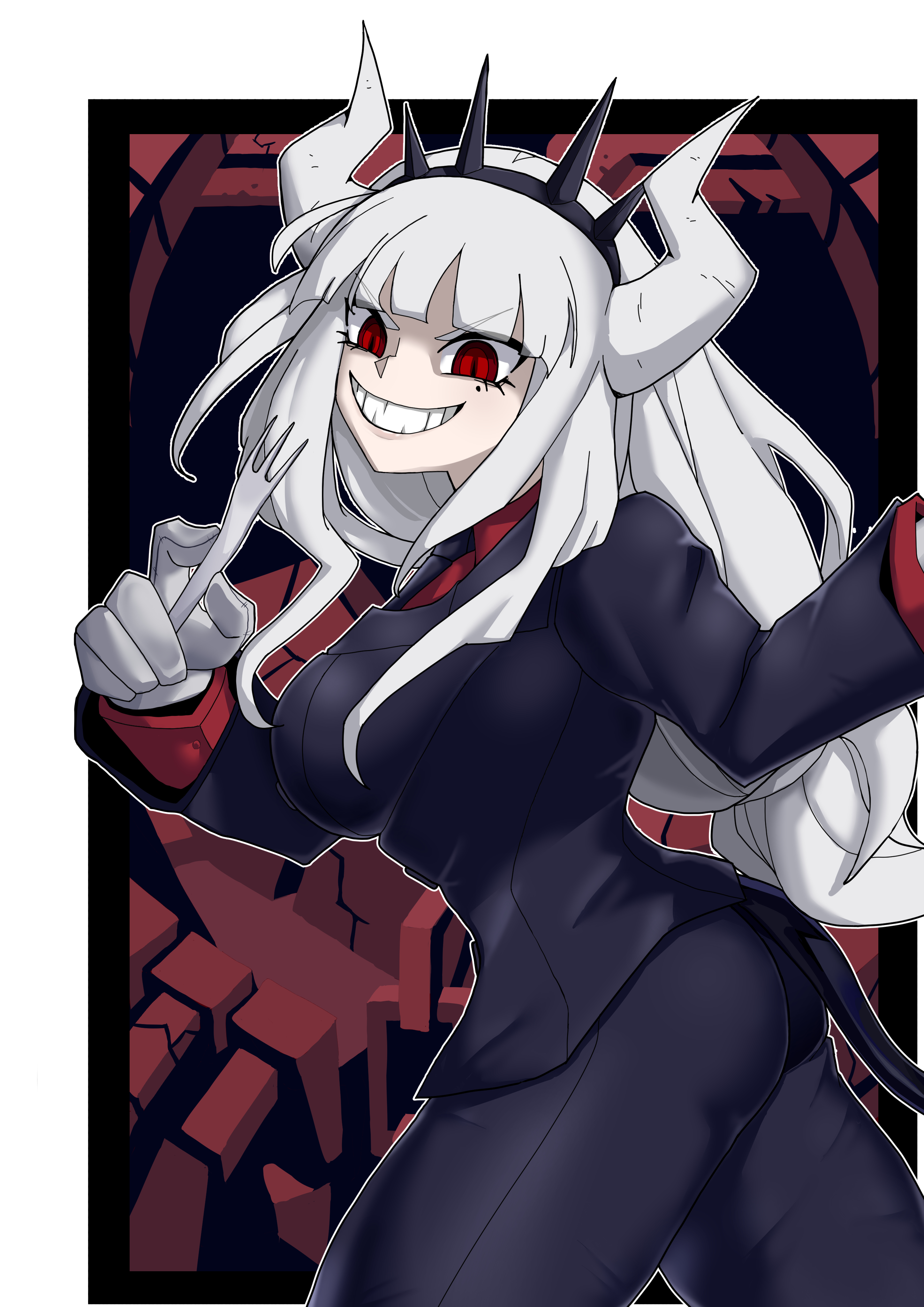 lucifer (helltaker), helltaker, underworld, absurdres, highres, 1girl, black tail, blush, breasts, business suit, demon girl, demon horns, demon tail, fork, formal clothes, gloves, hairband, hell, holding, holding fork, horns, kumojin 4, large breasts, long hair, looking at viewer, mole, mole under eye, necktie, red eyes, red shirt, shirt, smile, solo, spiked hairband, spikes, suit, tail, teeth, white hair, white horns