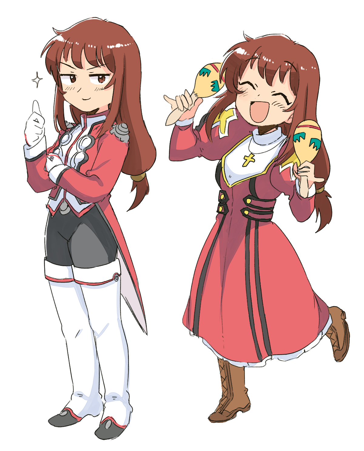 tsubobot, erica fontaine, sakura taisen, sakura taisen iii, highres, black pants, blush, boots, brown boots, brown eyes, brown hair, closed eyes, collar, cross, dress, holding, holding instrument, holding maracas, instrument, jacket, juliet sleeves, latin cross, long hair, long skirt, long sleeves, looking at viewer, low-tied long hair, maracas, military uniform, open mouth, pants, puffy sleeves, red dress, red jacket, sidelocks, skirt, thumbs up, white boots, white collar