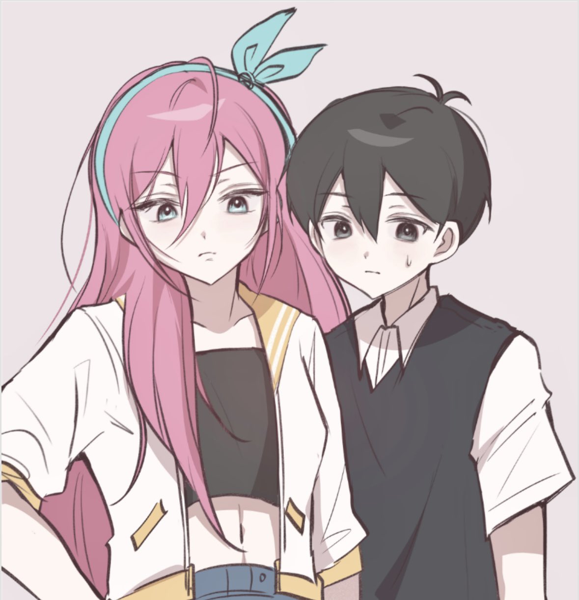 aubrey (faraway) (omori), aubrey (omori), sunny (omori), omori, highres, 1boy, 1girl, antenna hair, black eyes, black hair, black sweater vest, blue eyes, blue hairband, closed mouth, collarbone, collared shirt, crop top, double-parted bangs, grey background, hair between eyes, hairband, jacket, long hair, looking at viewer, navel, pink hair, shirt, short-sleeved jacket, short hair, short sleeves, simple background, sweatdrop, sweater vest, white jacket, white shirt, wktdms1