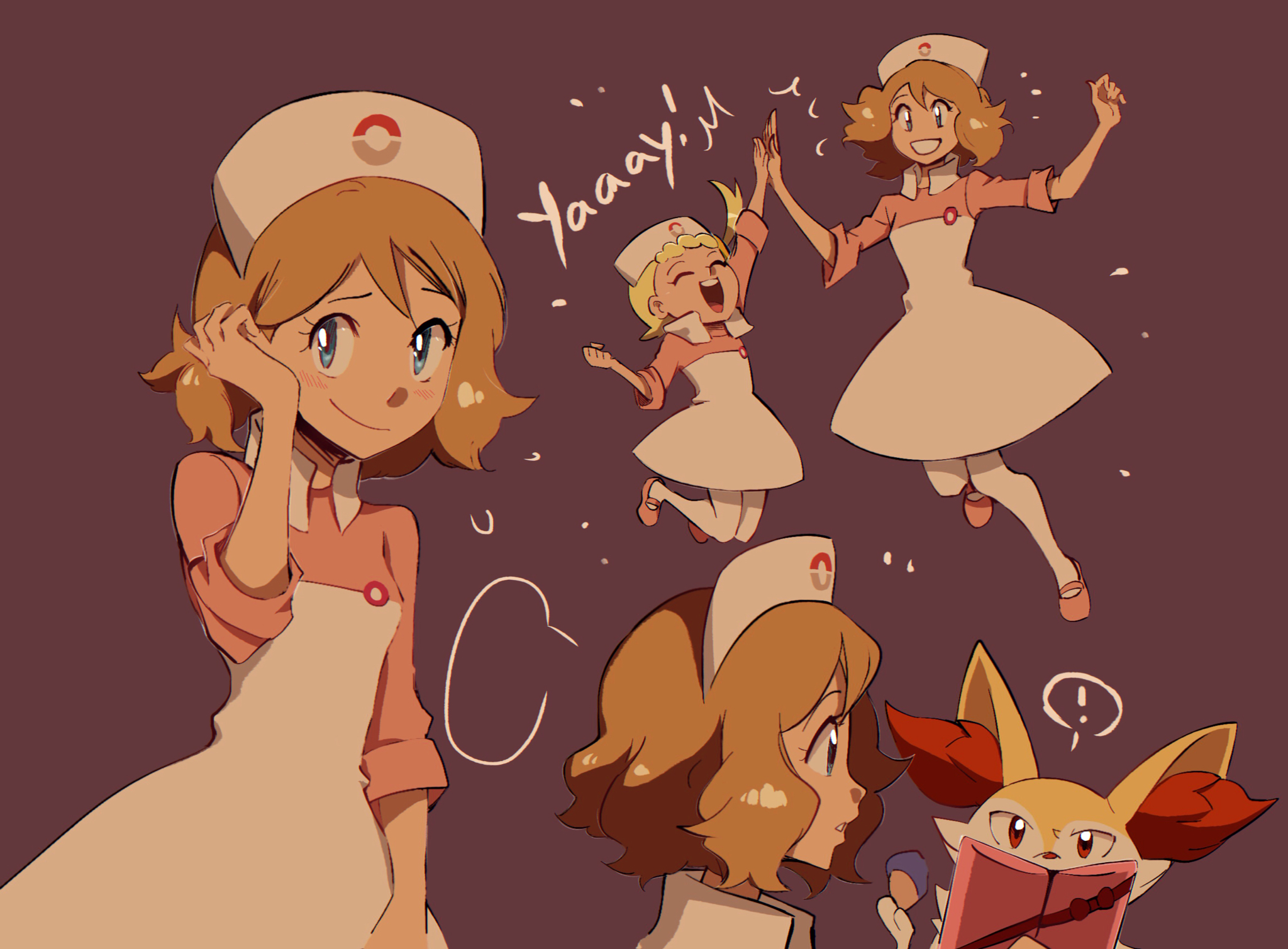 deathyatina, bonnie (pokemon), braixen, joy (pokemon), serena (pokemon), nintendo, pokemon, pokemon (anime), pokemon xy (anime), commentary, highres, !, 2girls, berry (pokemon), blonde hair, blue eyes, blush, brown hair, chesto berry, closed eyes, closed mouth, cosplay, dress, eyelashes, gen 6 pokemon, hat, high five, holding, joy (pokemon) (cosplay), multiple girls, multiple views, nurse cap, official alternate hair length, official alternate hairstyle, open mouth, pokemon (creature), purple background, short hair, simple background, smile, teeth, upper teeth only, white hat
