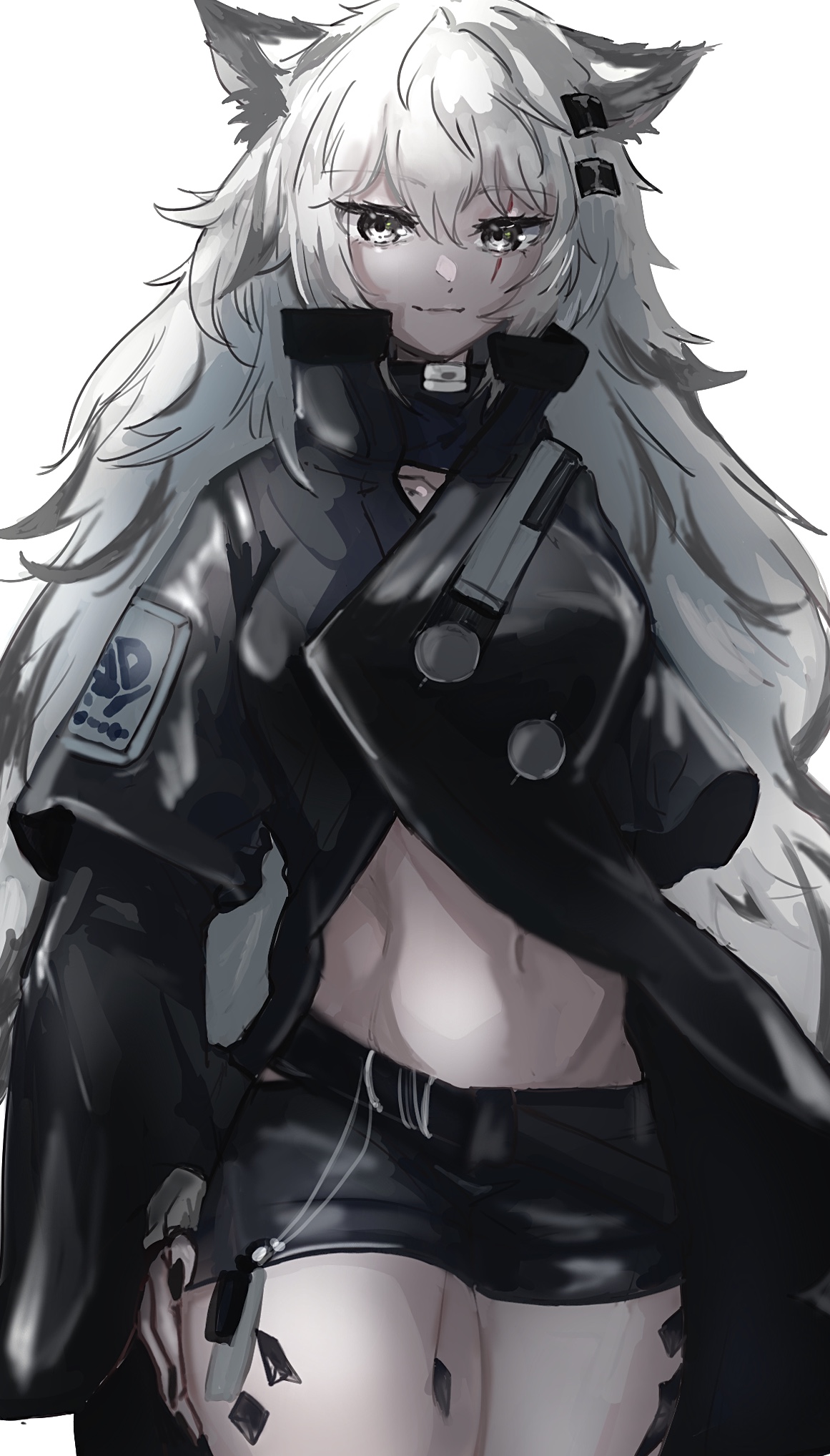 lappland (arknights), arknights, commentary, english commentary, highres, 1girl, animal ears, black coat, black shorts, closed mouth, coat, cowboy shot, fuyunaga, grey eyes, grey hair, hair between eyes, hair ornament, hairclip, hand on own hip, high collar, light smile, long hair, long sleeves, looking at viewer, material growth, navel, oripathy lesion (arknights), scar, scar across eye, scar on face, short shorts, shorts, simple background, solo, standing, white background, white hair, wolf ears, wolf girl