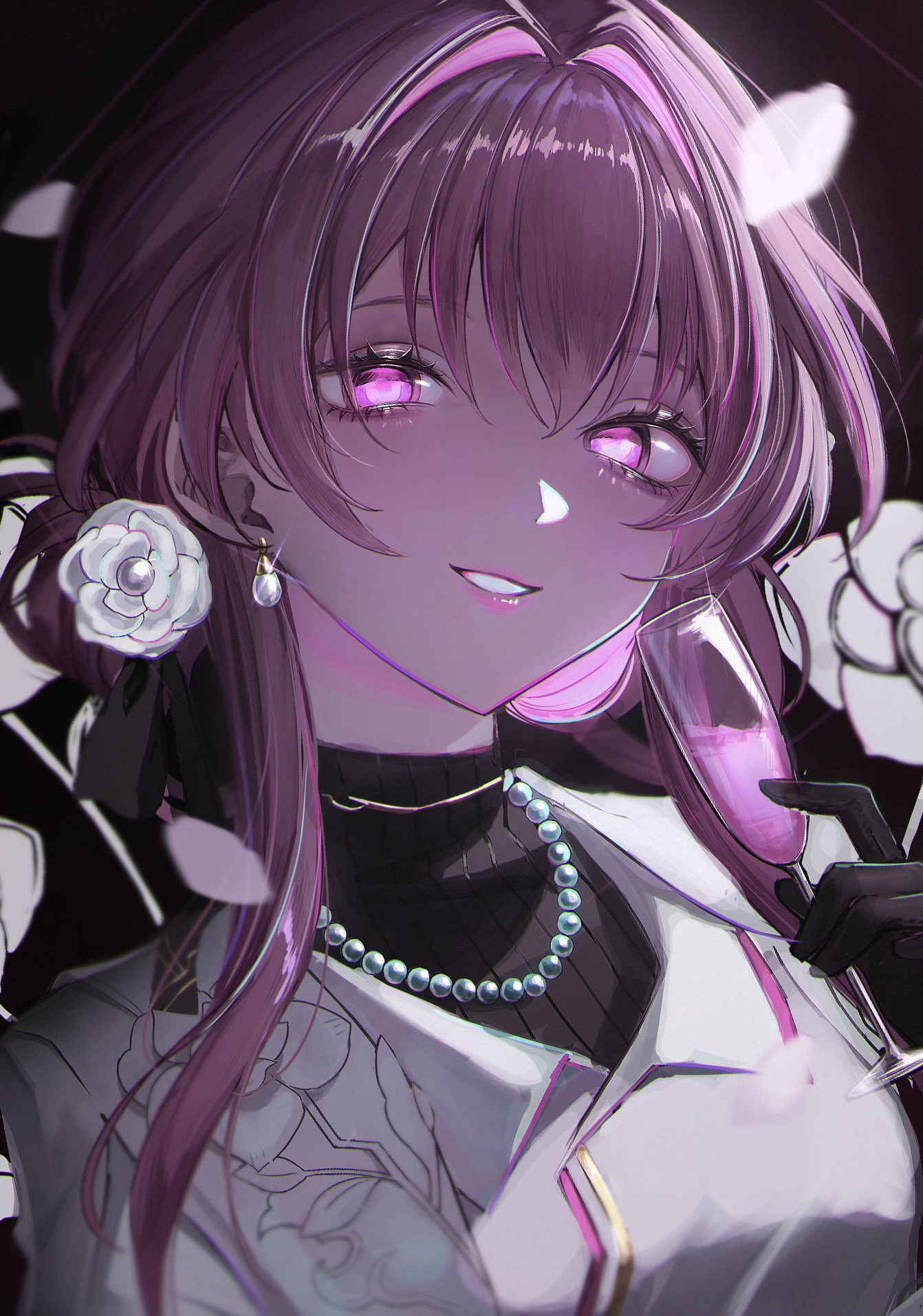 kafka (good me) (honkai: star rail), kafka (honkai: star rail), honkai: star rail, honkai (series), commentary, hashtag-only commentary, highres, 1girl, ame shizuri., bead necklace, beads, black gloves, black shirt, champagne flute, cup, drinking glass, earrings, flower, gloves, hair flower, hair intakes, hair ornament, holding, holding cup, jacket, jewelry, long hair, looking at viewer, necklace, portrait, purple eyes, purple hair, shirt, smile, solo, turtleneck, turtleneck shirt, white flower, white jacket