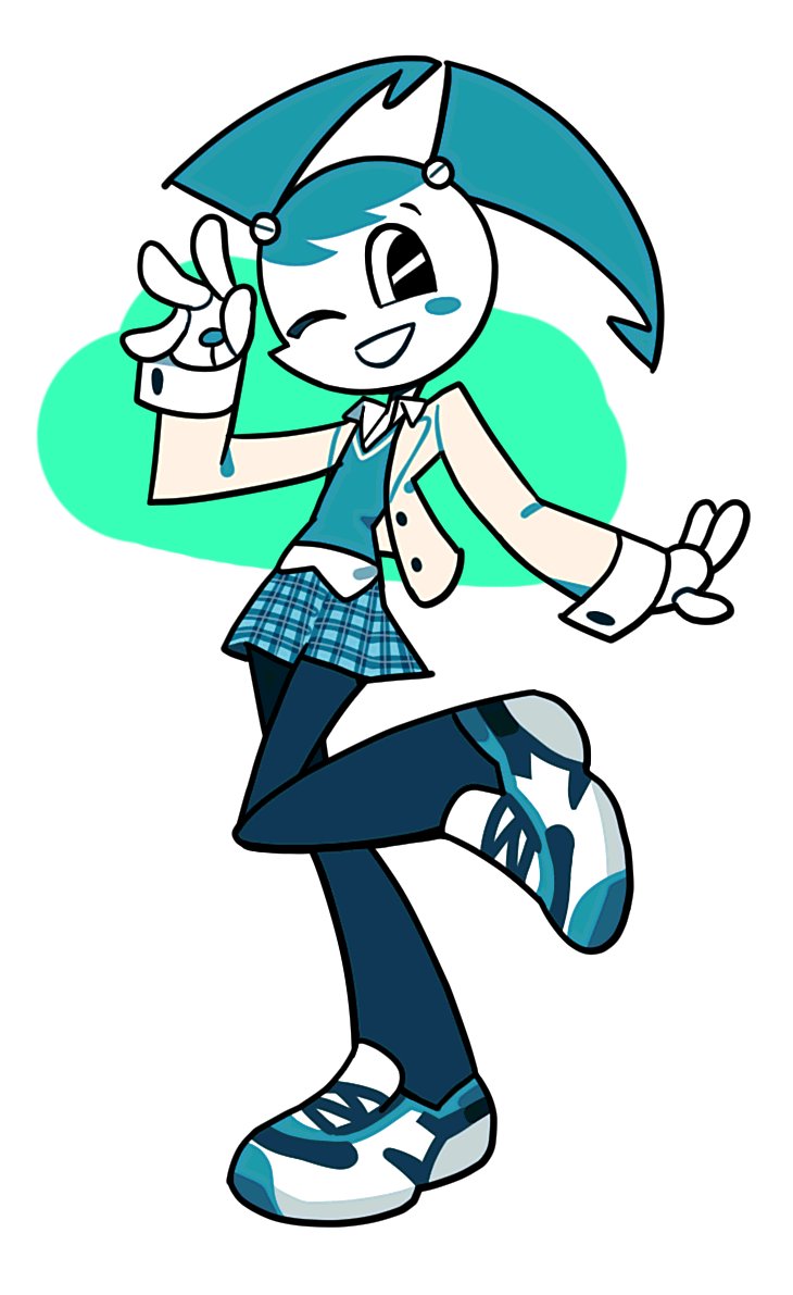 jenny wakeman, my life as a teenage robot, 1girl, alternate costume, android, aqua hair, black eyes, blazer, blue hair, blue pantyhose, blue skirt, blue vest, casual, colored skin, humanoid robot, jacket, joints, looking at viewer, marshmellow (mp 1305), one eye closed, open mouth, pantyhose, plaid clothes, plaid skirt, robot, robot girl, robot joints, shirt, shoes, simple background, skirt, smile, sneakers, solo, standing, standing on one leg, sweater vest, twintails, untucked shirt, vest, waving, white jacket, white shirt, white shoes, white skin