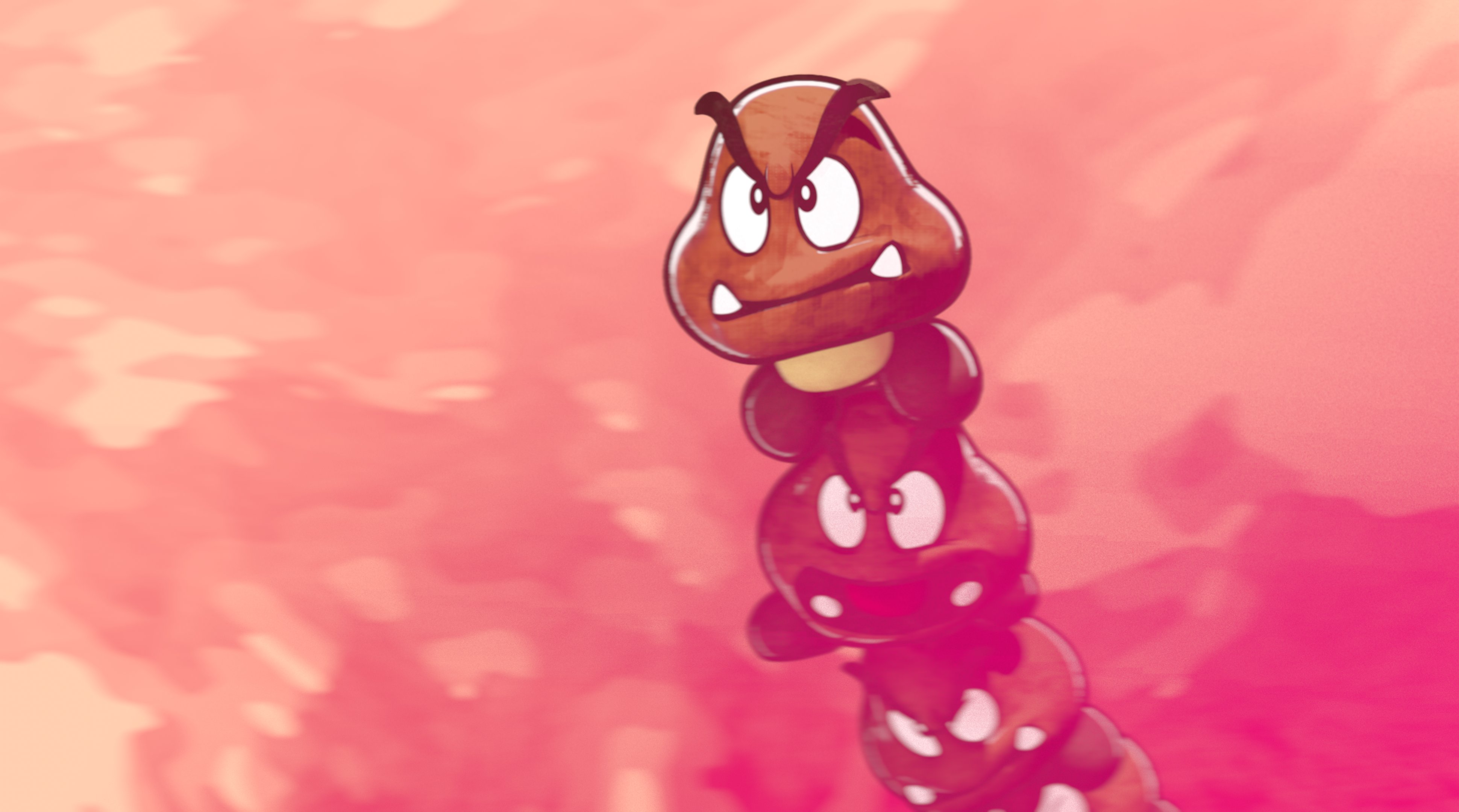 goomba, goomba tower, mario (series), nintendo, absurdres, commentary, english commentary, highres, above clouds, blurry, closed mouth, cloud, fangs, iiikeducks, no humans, open mouth, stack, v-shaped eyebrows