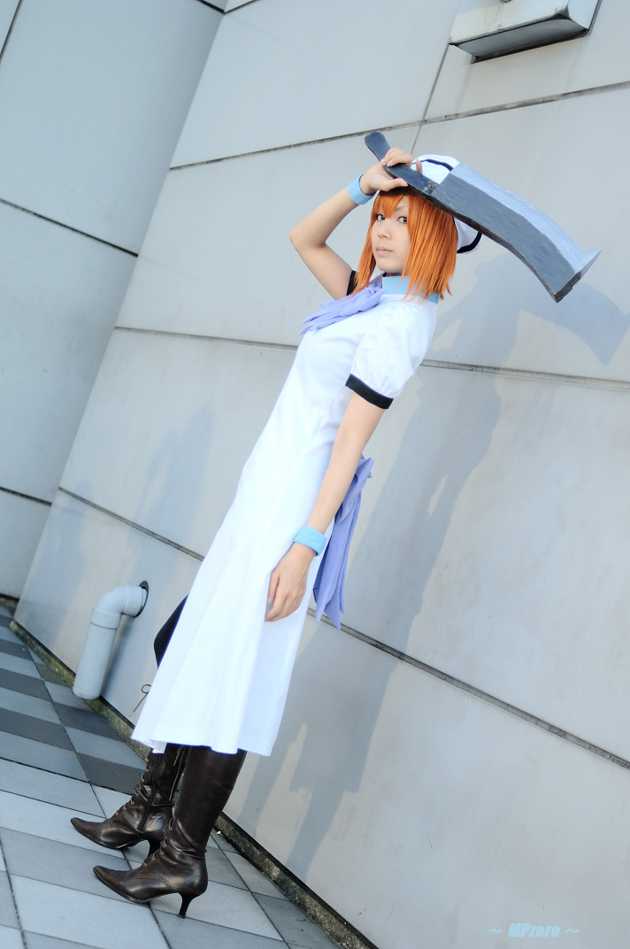 nagicha (model), ryuuguu rena, higurashi no naku koro ni, photo (medium), billhook, boots, cosplay, hat, orange hair, sailor hat