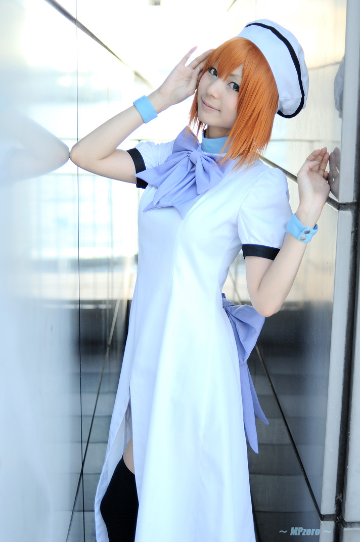 nagicha (model), ryuuguu rena, higurashi no naku koro ni, photo (medium), cosplay, hat, orange hair, sailor hat, thighhighs