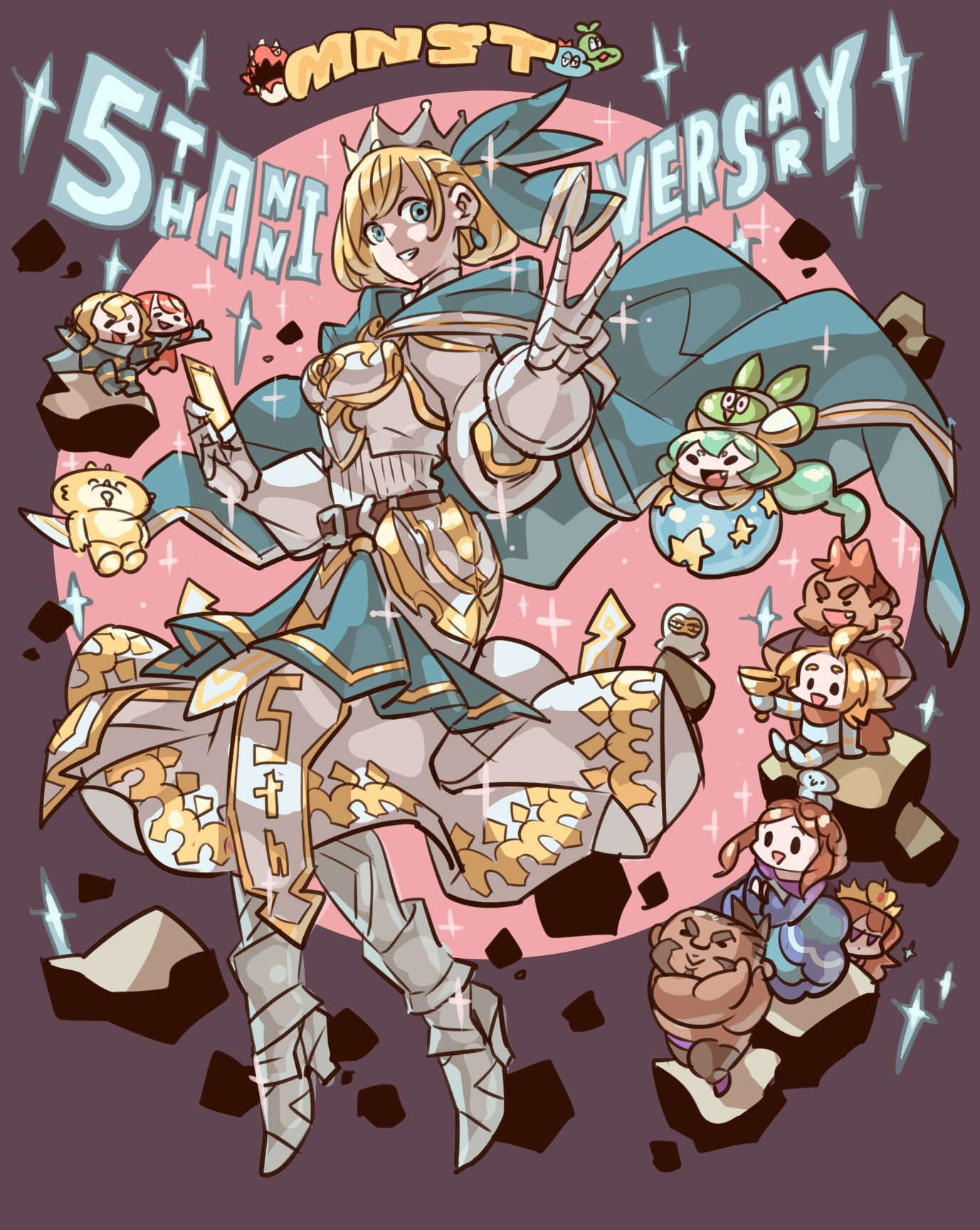 takeuchi ryousuke, arthur (monster strike), monster strike, character request, commentary request, highres, anniversary, blonde hair, blue eyes, blue smydra, chibi, circle, cloak, crown, earrings, full body, green smydra, high heels, holding, jewelry, merlin (monster strike), purple background, red smydra, short hair, skirt, smile, sparkle, v