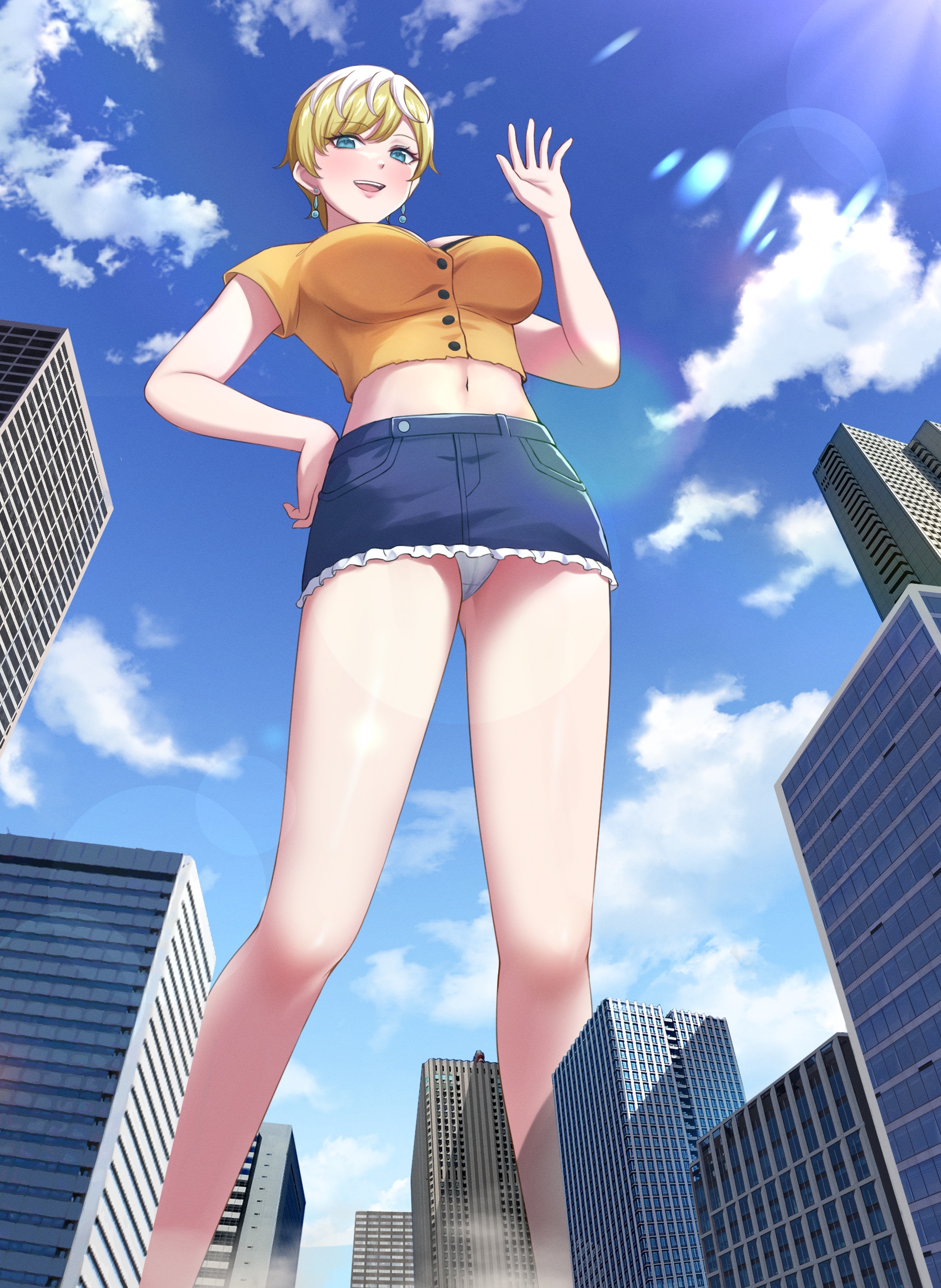 numaguro (tomokun0808), izumo tenka, mato seihei no slave, absurdres, commission, highres, skeb commission, blonde hair, blue eyes, buttons, city, cloud, crop top, earrings, feet out of frame, frilled skirt, frills, from below, giant, giantess, hand on own hip, jewelry, midriff, midriff peek, multicolored hair, navel, open mouth, orange shirt, panties, shirt, skirt, skort, sky, smile, standing, two-tone hair, underwear, waving, white panties