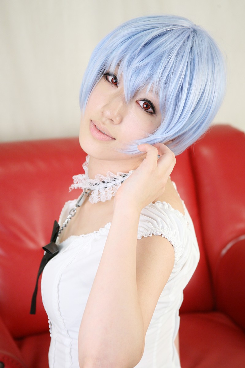 saya (cosplayer), ayanami rei, neon genesis evangelion, highres, photo (medium), blue hair, cosplay, frills, lace, leash, red eyes