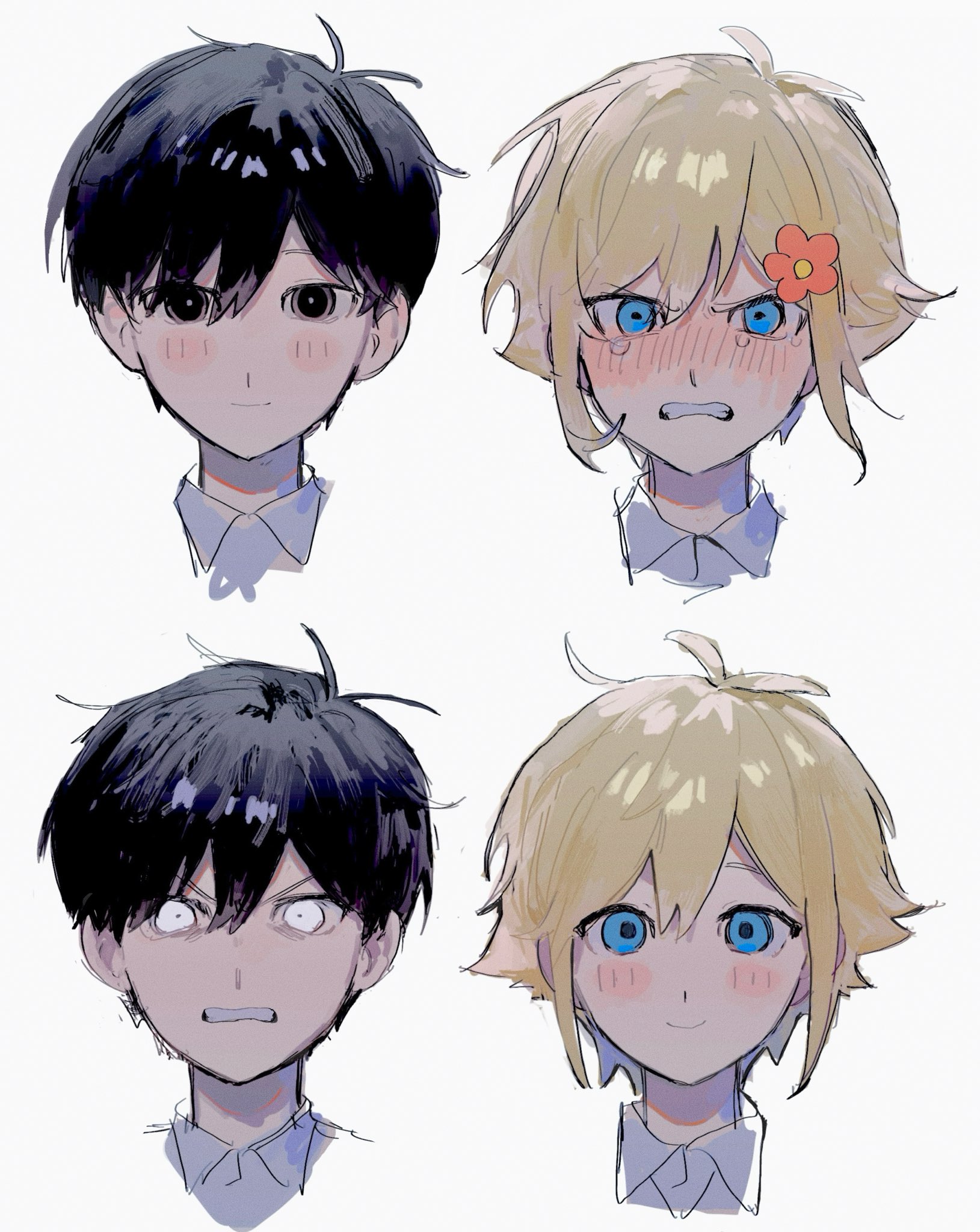 hinshi hp0, basil (faraway) (omori), basil (omori), sunny (omori), omori, commentary, highres, symbol-only commentary, 2boys, angry, antenna hair, black eyes, black hair, blonde hair, blue eyes, clenched teeth, closed mouth, collared shirt, cowlick, cropped head, crying, crying with eyes open, double-parted bangs, film grain, flipped hair, flower, hair behind ear, hair between eyes, hair flower, hair ornament, looking at viewer, male focus, multiple boys, multiple expressions, multiple views, official alternate eye color, orange flower, shirt, short hair, sidelocks, simple background, smile, straight-on, tears, teeth, v-shaped eyebrows, very short hair, white background, white eyes, white shirt