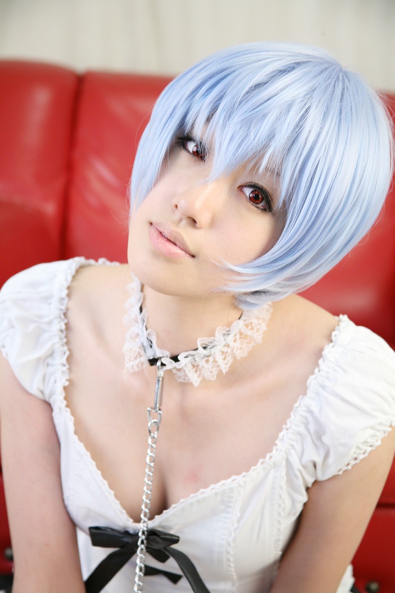 saya (cosplayer), ayanami rei, neon genesis evangelion, highres, photo (medium), blue hair, breasts, cleavage, cosplay, frills, lace, leash, red eyes