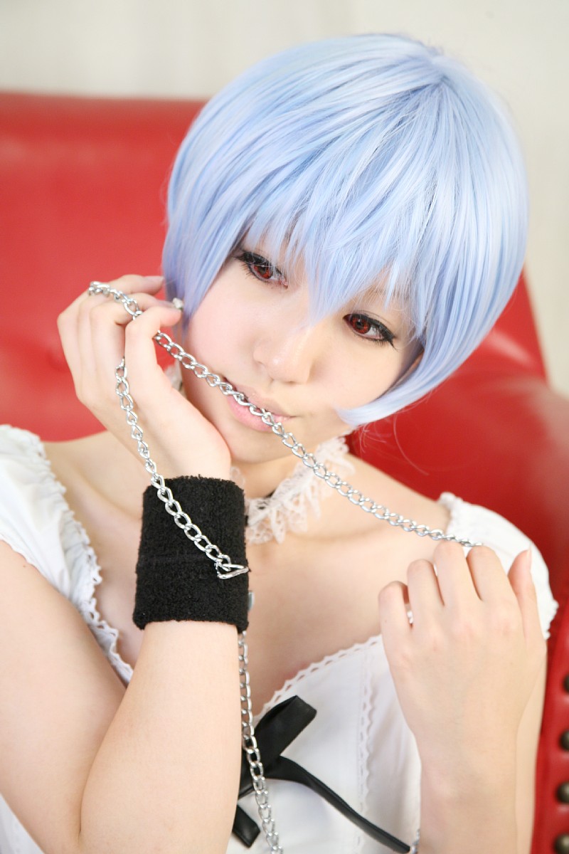 saya (cosplayer), ayanami rei, neon genesis evangelion, highres, photo (medium), blue hair, cosplay, frills, lace, leash, red eyes