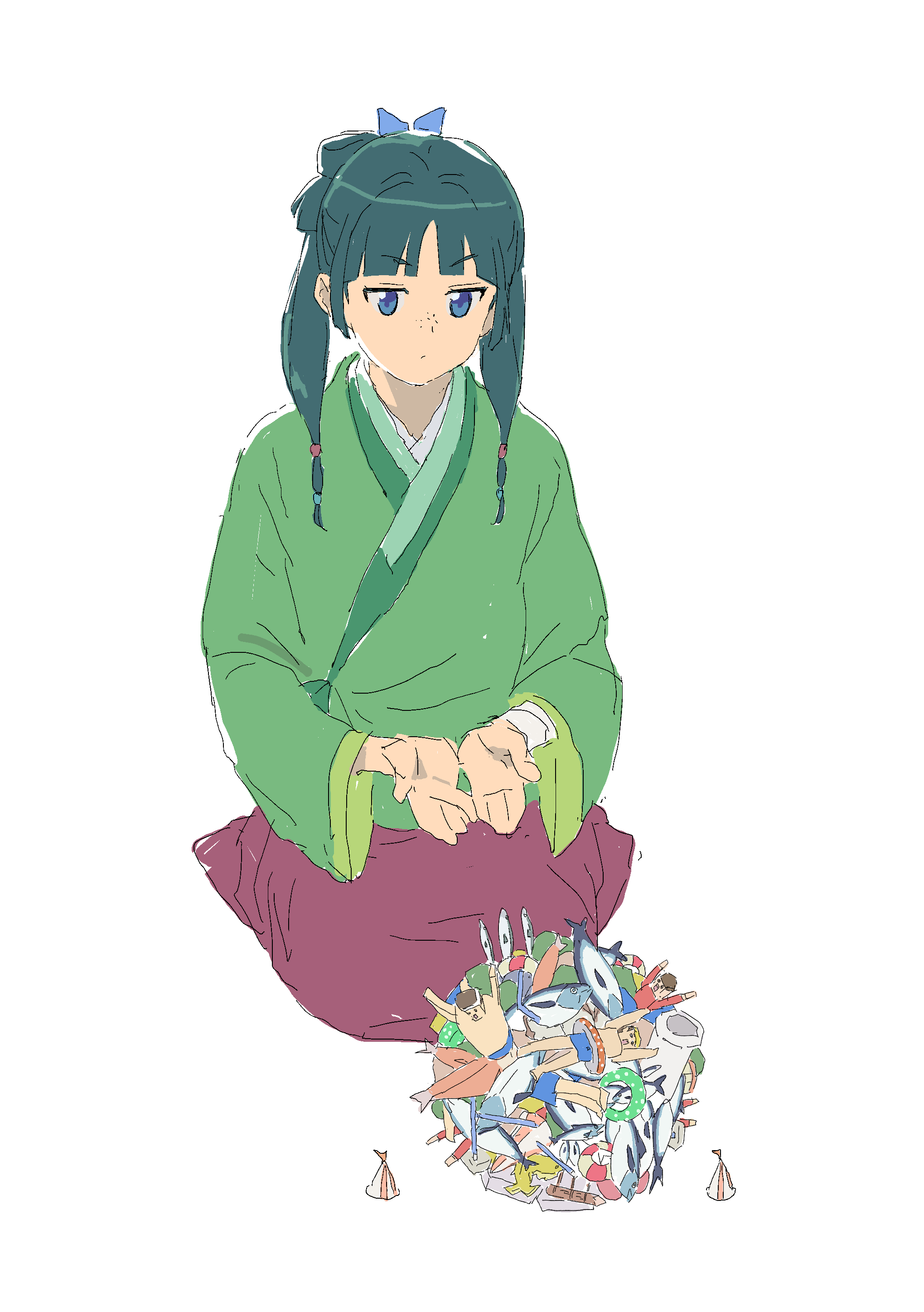 mmmkawaine, maomao (kusuriya no hitorigoto), katamari damacy, kusuriya no hitorigoto, absurdres, highres, 1girl, beads, chinese clothes, closed mouth, green hair, green hanfu, green robe, hair beads, hair ornament, hanfu, mawashi, robe, simple background, sumo, swimsuit, white background