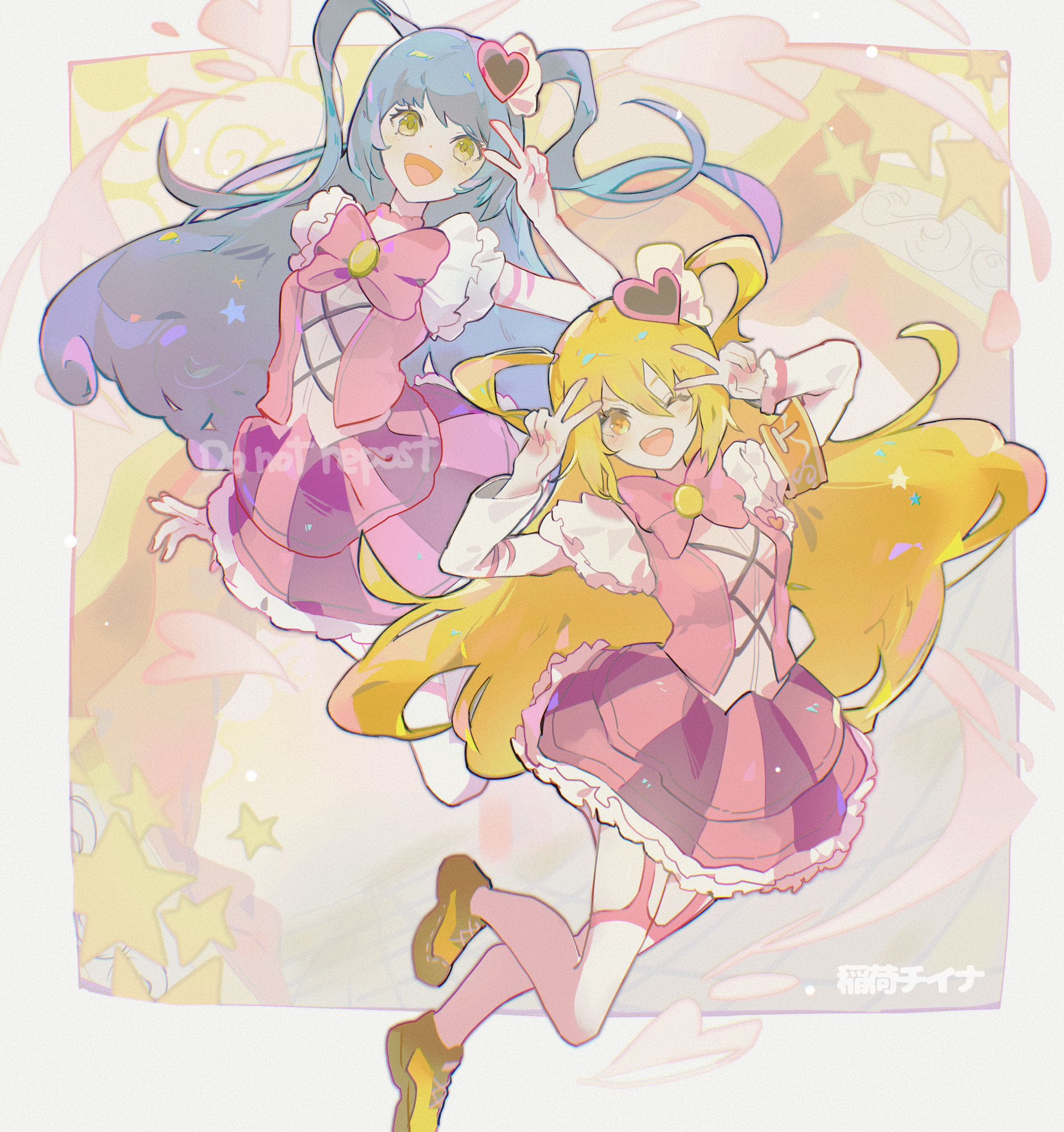 rrruriseki, don quixote (project moon), queen of hatred, limbus company, project moon, highres, 2girls, armband, blonde hair, blue hair, border, bow, bowtie, brown shoes, e.g.o (project moon), full body, hair ornament, heart, heart hair ornament, in the name of love and hate (e.g.o), lobotomy corporation (identity) (project moon), long hair, long sleeves, looking at viewer, magical girl, multiple girls, one eye closed, open mouth, orange armband, pink bow, pink bowtie, pink garter straps, pink skirt, pink vest, shoes, simple background, skirt, standing, striped clothes, striped skirt, thighhighs, two side up, v, vertical-striped clothes, vertical-striped skirt, vest, white border, white thighhighs, yellow background, yellow eyes