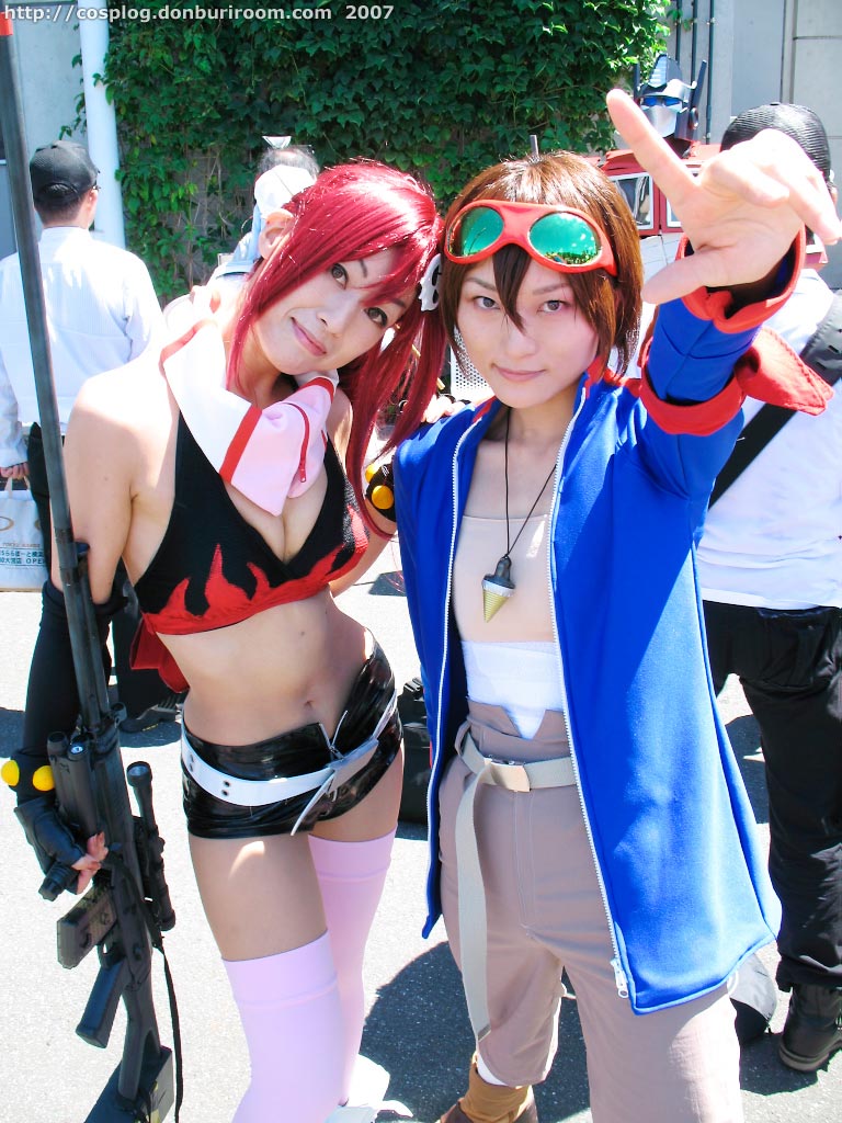 sena (model), simon (ttgl), sora (model), yoko littner, tengen toppa gurren lagann, photo (medium), bikini, bikini top only, cosplay, gloves, goggles, midriff, red hair, shorts, swimsuit, thighhighs