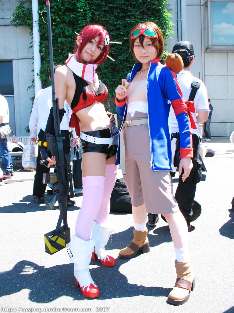 sena (model), simon (ttgl), sora (model), yoko littner, tengen toppa gurren lagann, photo (medium), bikini, bikini top only, boots, cosplay, gloves, goggles, midriff, red hair, shorts, swimsuit, thighhighs