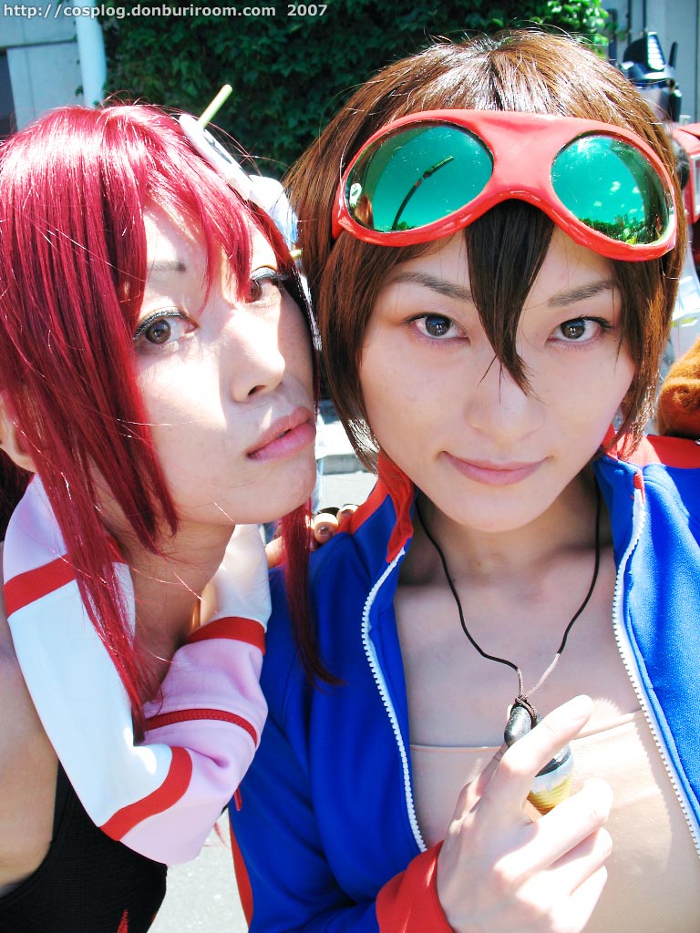 sena (model), simon (ttgl), sora (model), yoko littner, tengen toppa gurren lagann, photo (medium), bikini, bikini top only, cosplay, goggles, red hair, swimsuit