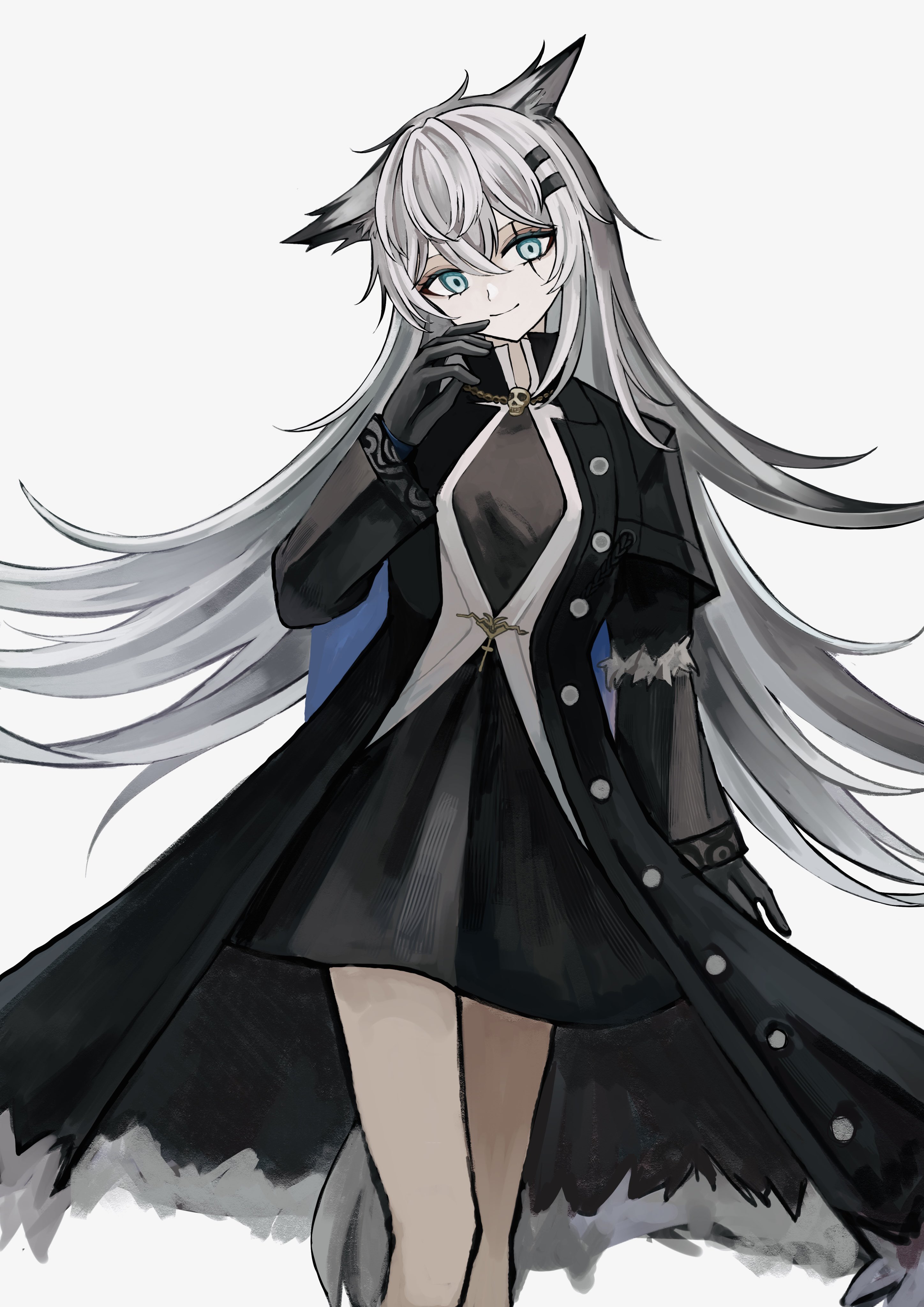 udo (akn otk), lappland (arknights), lappland (refined horrormare) (arknights), arknights, absurdres, commentary request, highres, 1girl, animal ears, aqua eyes, black coat, black dress, black gloves, buttons, closed mouth, coat, cowboy shot, cross, dress, gloves, grey background, grey hair, grey tail, hair between eyes, hair ornament, hairclip, hand to own mouth, latin cross, long hair, long sleeves, looking at viewer, official alternate costume, scar, scar across eye, scar on face, simple background, smile, solo, standing, tail, wolf ears, wolf girl
