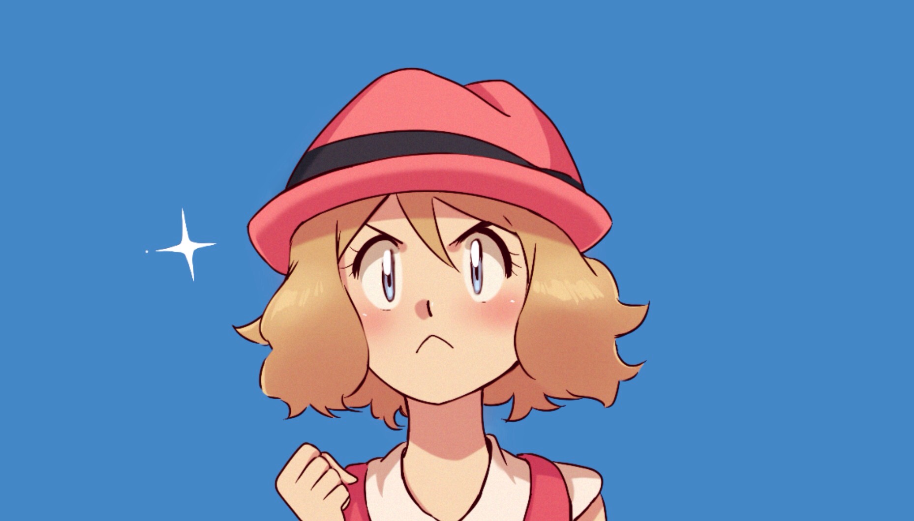deathyatina, serena (pokemon), nintendo, pokemon, pokemon (anime), pokemon xy (anime), highres, 1girl, :<, blonde hair, blue background, blue eyes, blush, clenched hand, closed mouth, eyelashes, hat, official alternate costume, official alternate hair length, official alternate hairstyle, pink hat, portrait, short hair, simple background, solo, v-shaped eyebrows